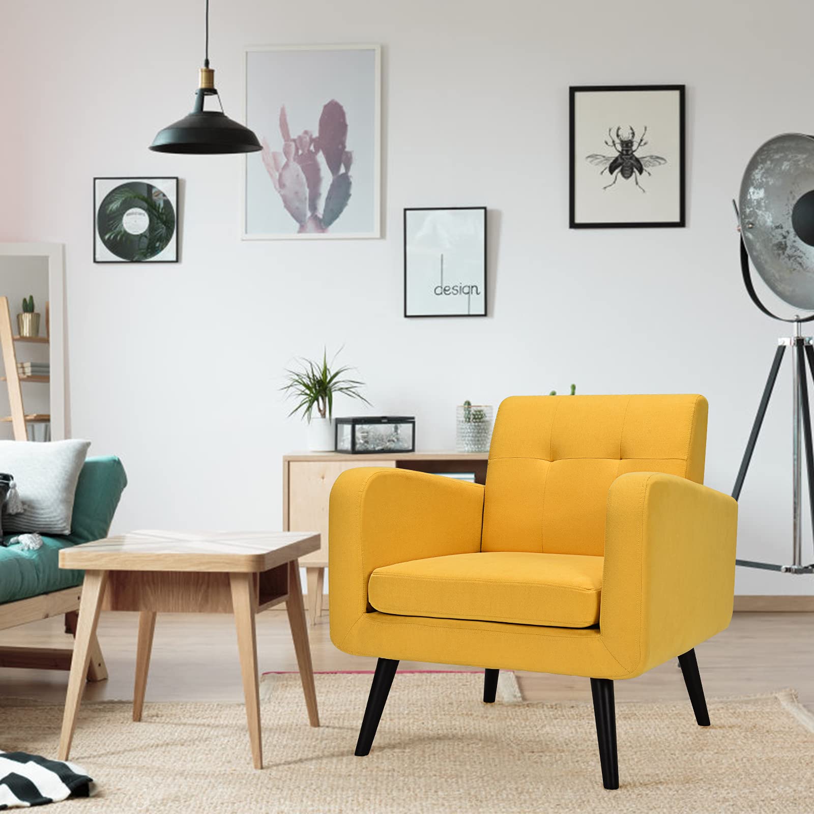 Modern Upholstered Accent Chair w/ Rubber Wood Legs | Linen Fabric Single Sofa