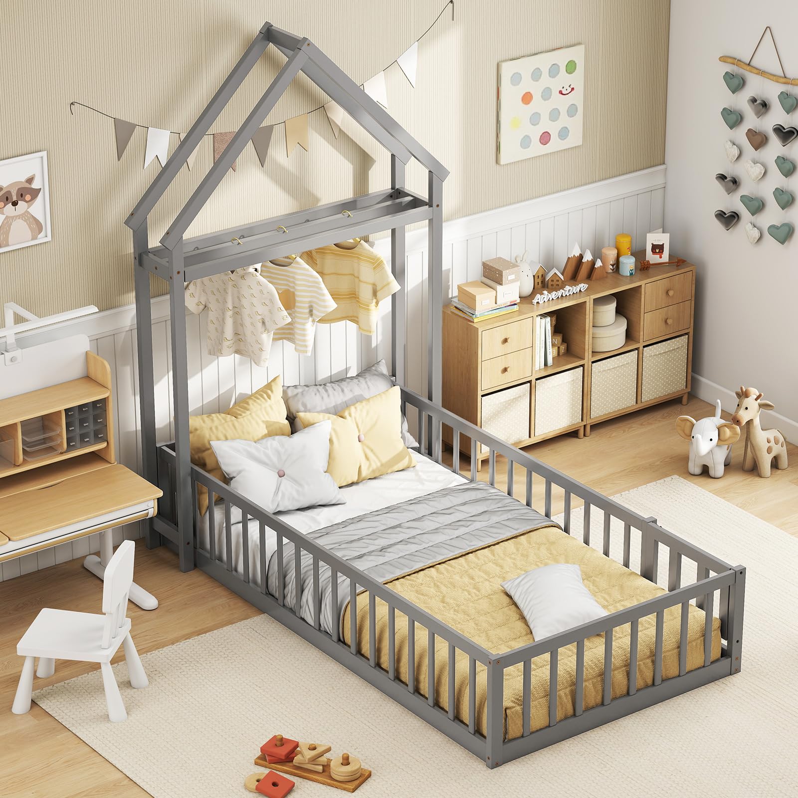 Twin Size Floor Bed with House-Shaped Headboard（Twin with Headboard）