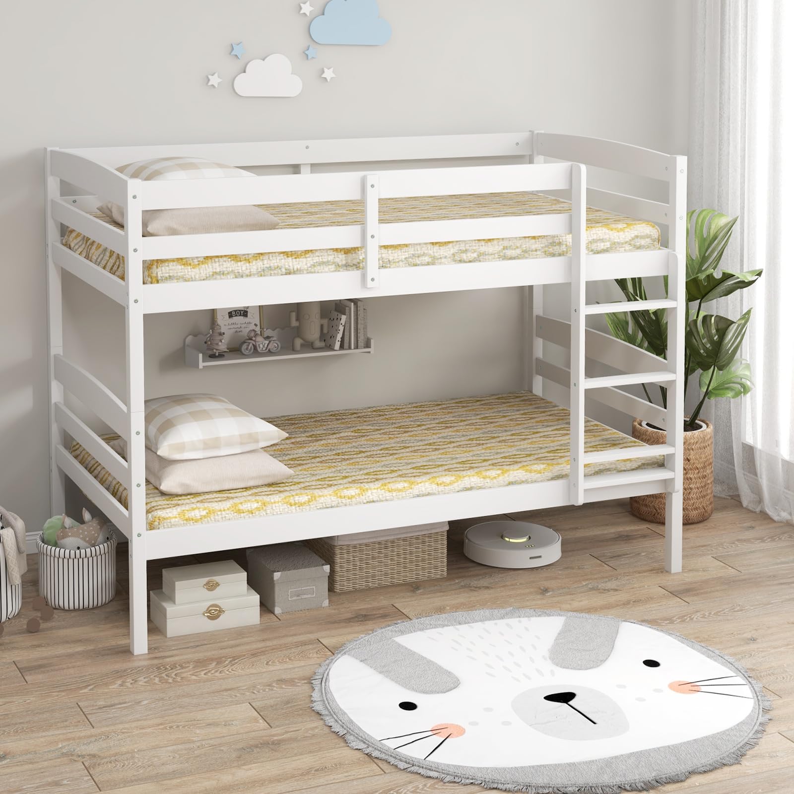 Twin Over Twin Wood Bunk Bed with Full-Length Guardrail & Integrated Ladder