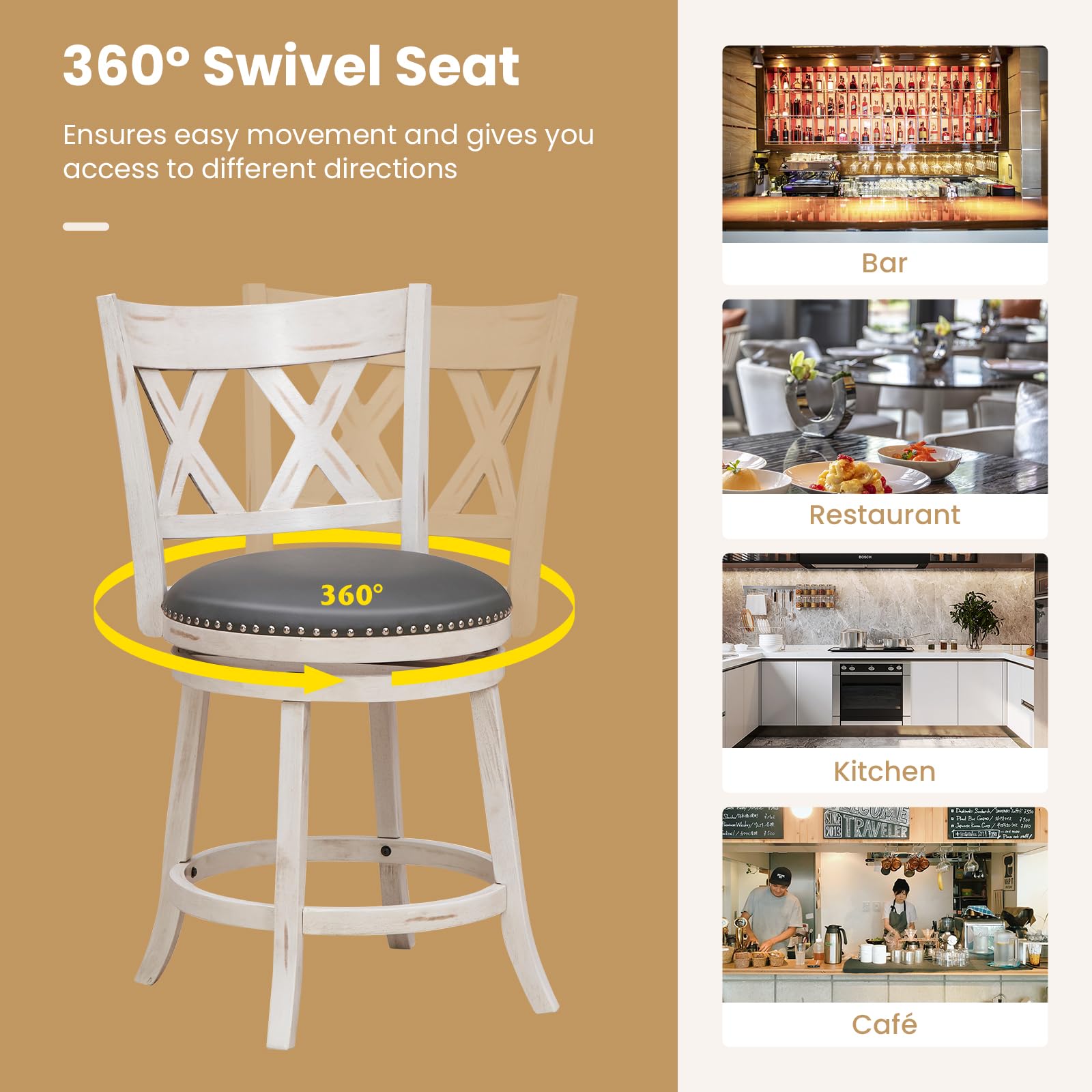 25.5" Bar Stools Set of 2/4, Swivel Counter Height Stools with Back, 20" Wide Padded Seat, Rubber Wood Frame