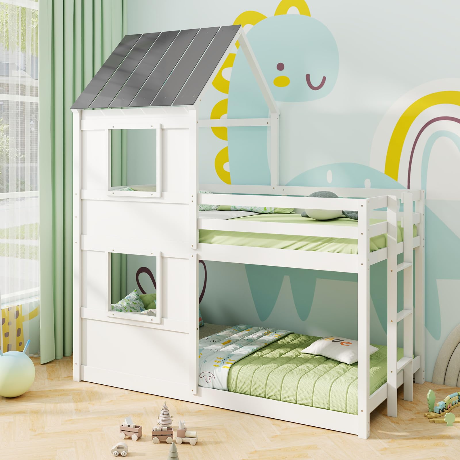Twin Over Twin Wood Floor Bunk Bed with Built in Ladder, Window & Safety Guardrail