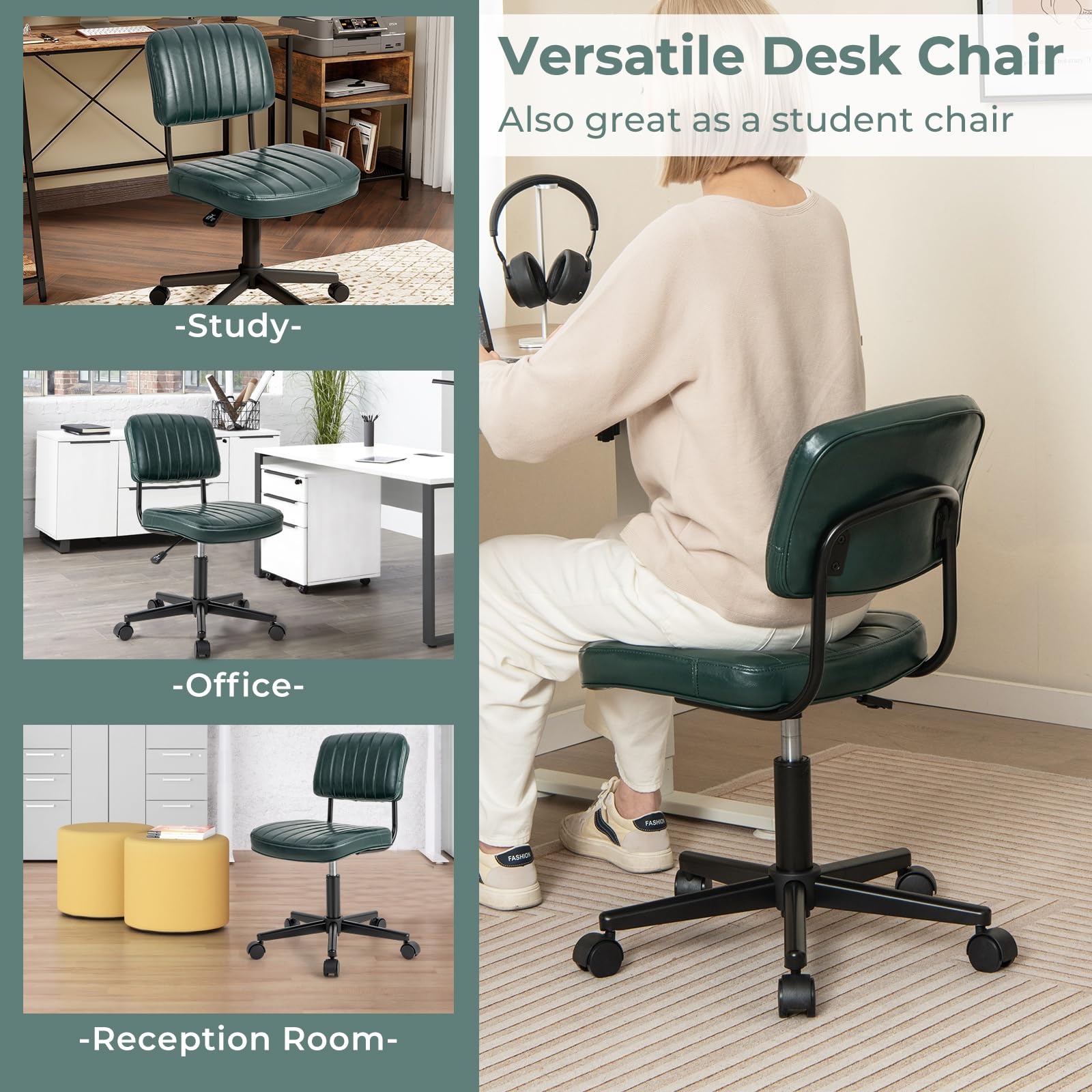 Leather Height Adjustable Office Chair, Retro Swivel Rolling Task Chair