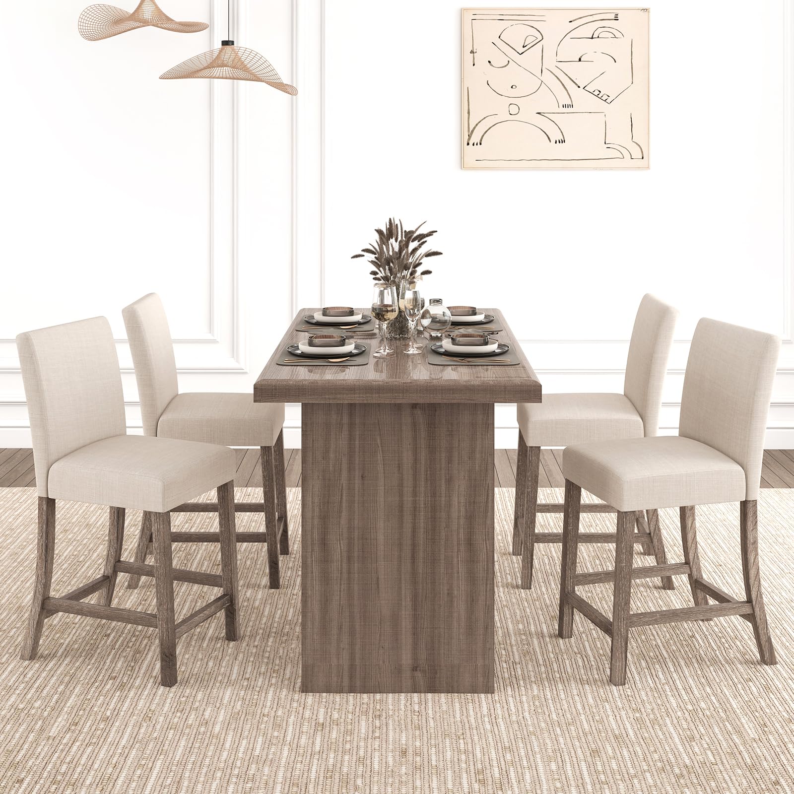 Upholstered Counter Height Bar Stools Set of 2/4 with Ergonomic Backrest, Solid Wood Frame