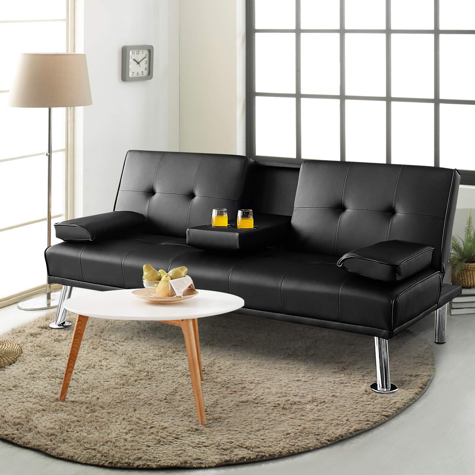 Leather Convertible Futon Sofa Bed with Removable Armrests and 2 Cup Holders