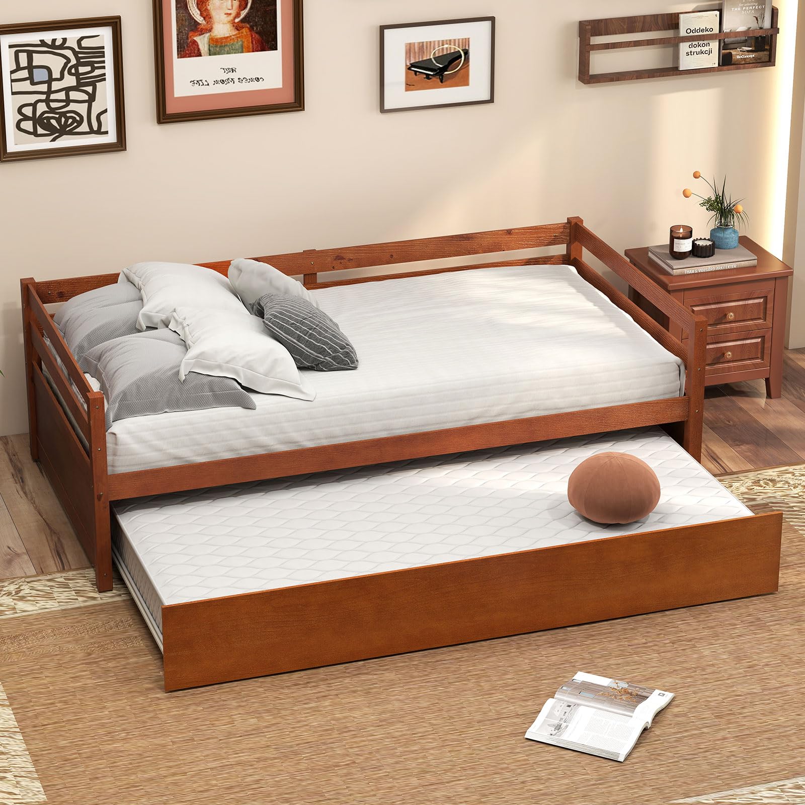 Twin Daybed with Trundle, Wood Trundle Bed with Wood Slat Support