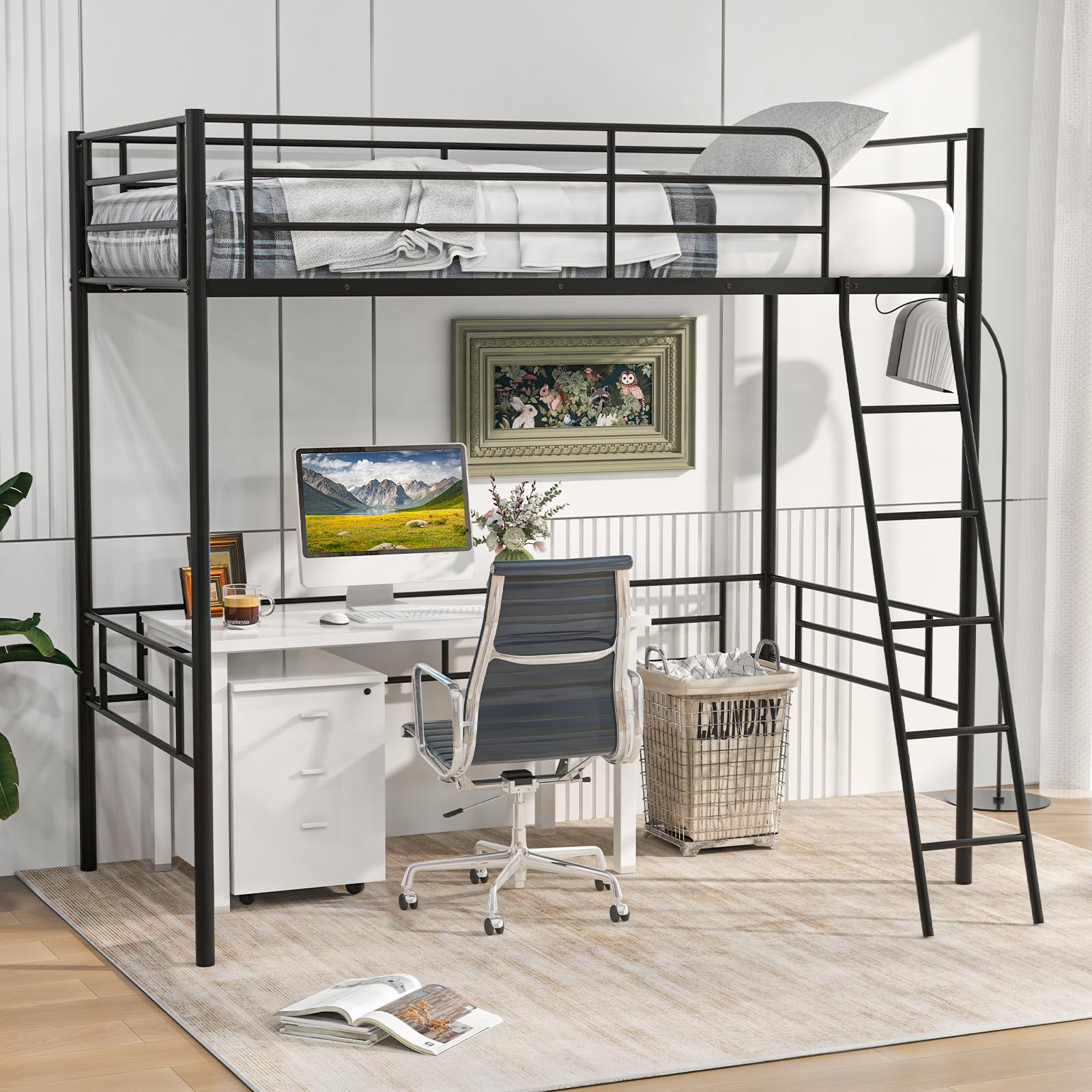 Twin Size Loft Bed, Metal Loft Bed Frame with Ladder & Safety Guardrail