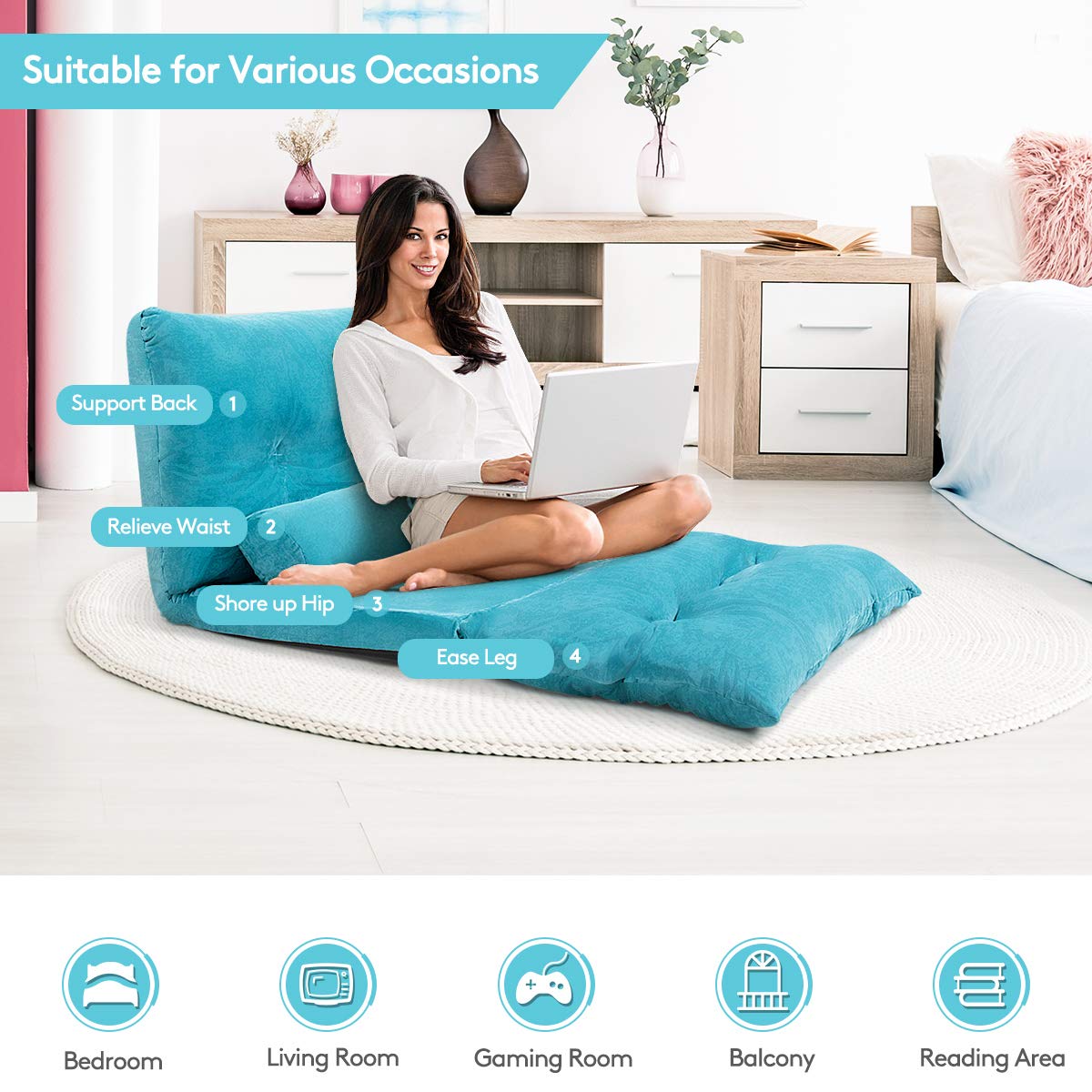 Multi-Functional 6-Position Foldable Lazy Floor Sofa with 2 Pillows