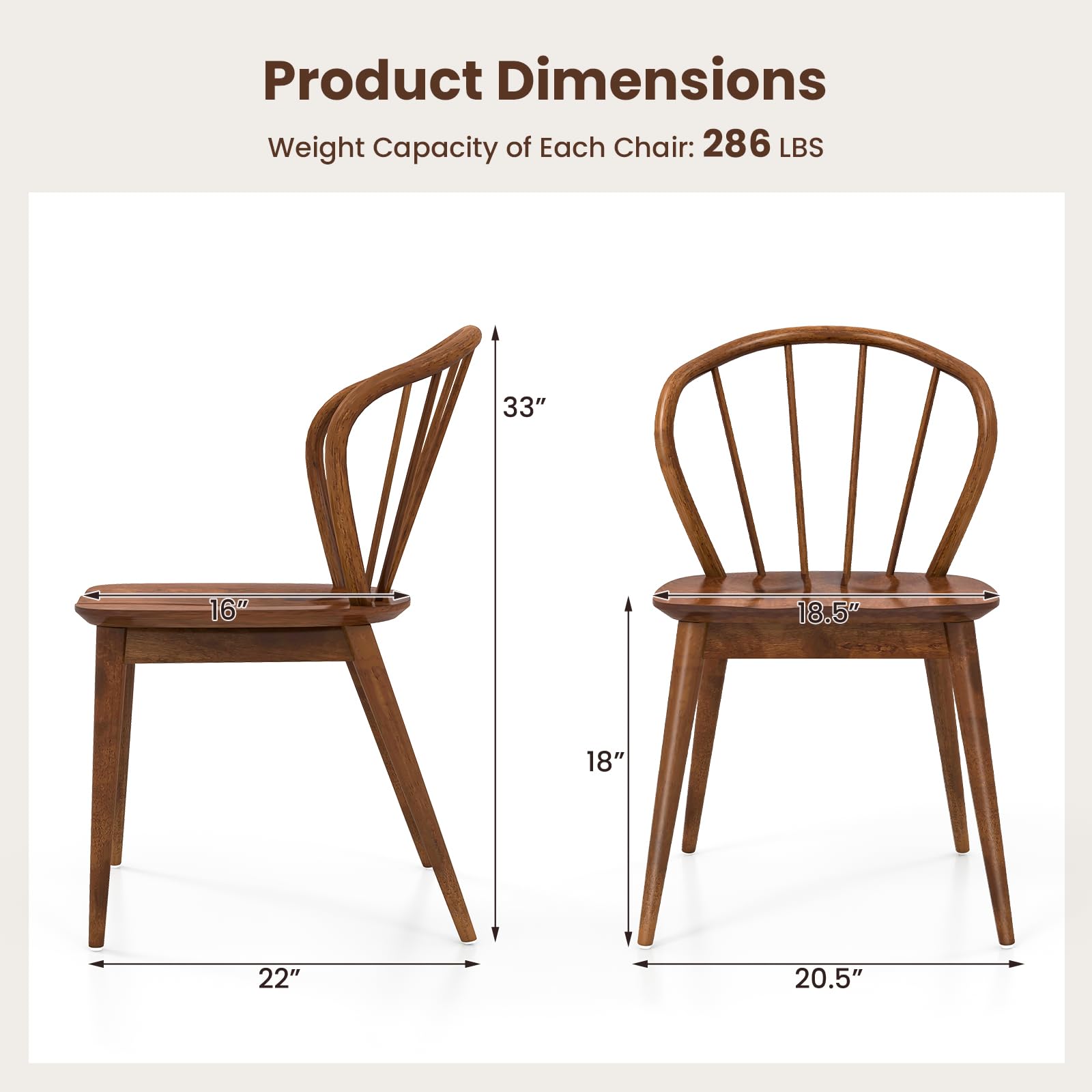 Wooden Dining Chairs Set of 2/4, Windsor Kitchen Chairs w/High Spindle Back & Rubber Wood Legs, Wide Seat & Curved Backrest