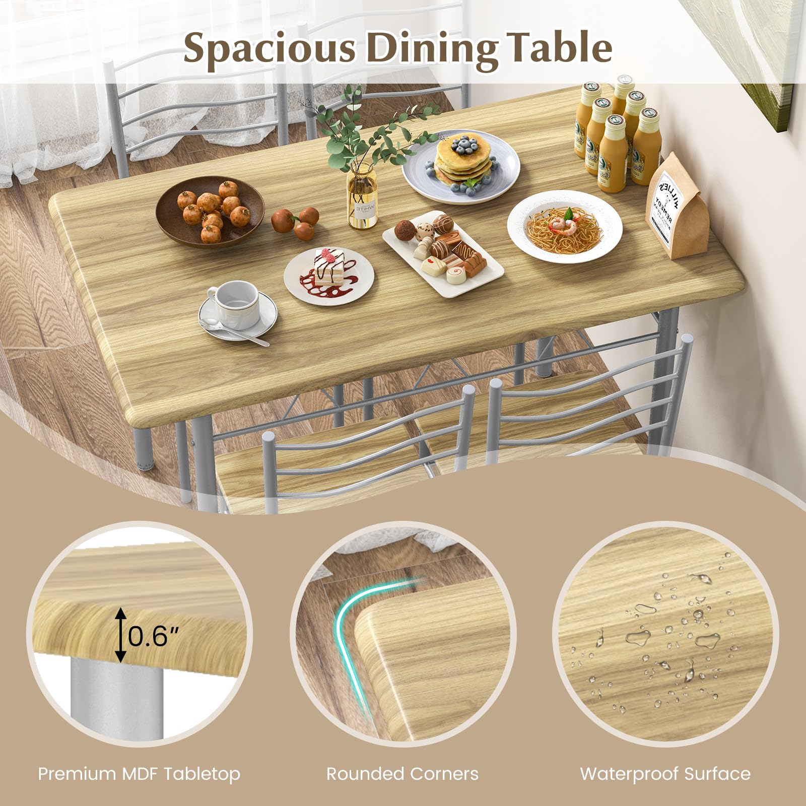5 Piece Dining Table Set with 4 Chairs, Metal Frame Wood Like Tabletop Kitchen Furniture