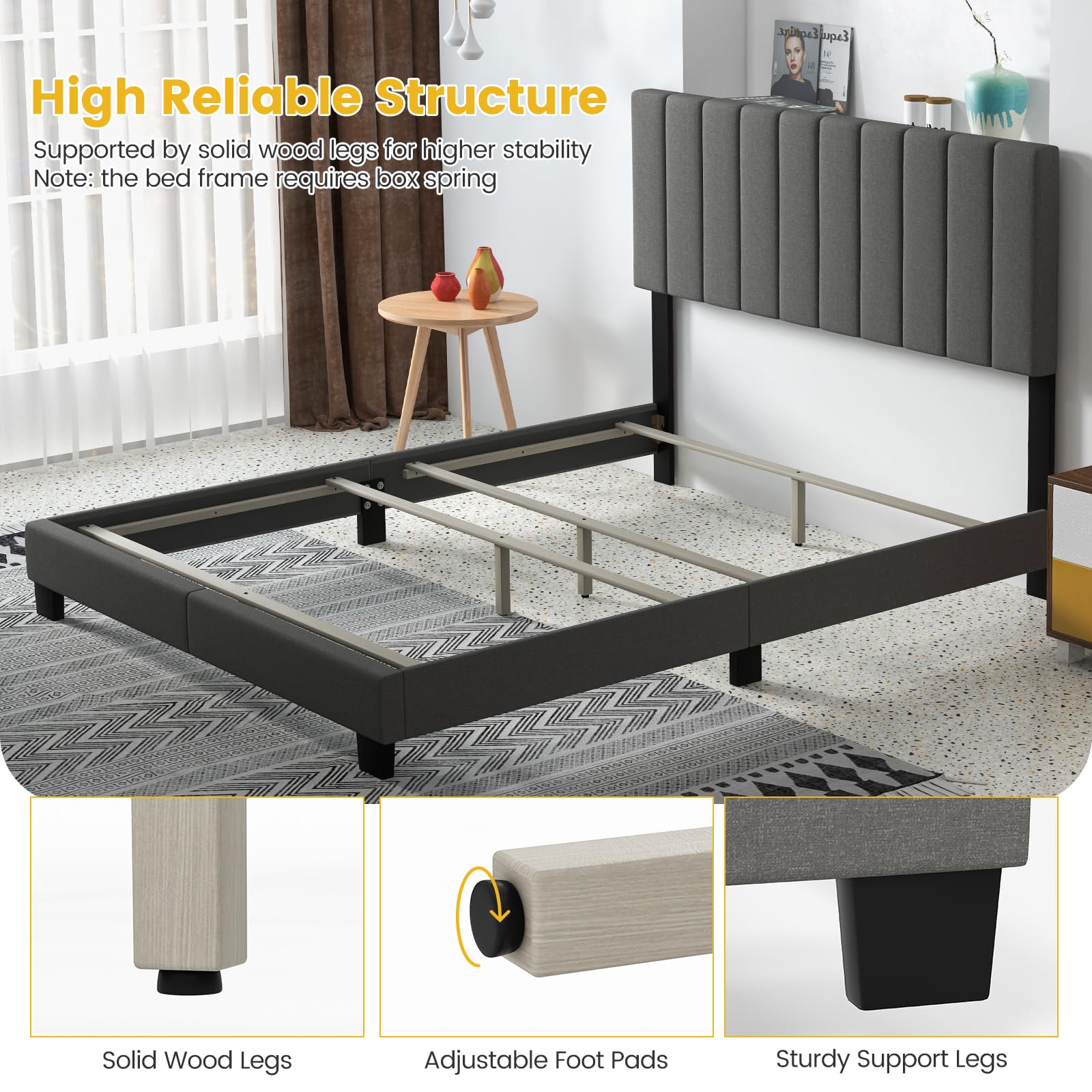 Queen Size Upholstered Bed Frame with Vertical Channel Tufted Headboard