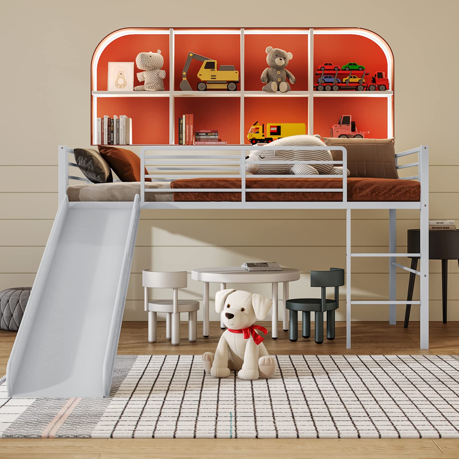 Twin Metal Low Loft Bed with Slide, Safety Guardrails & Built-in Ladder