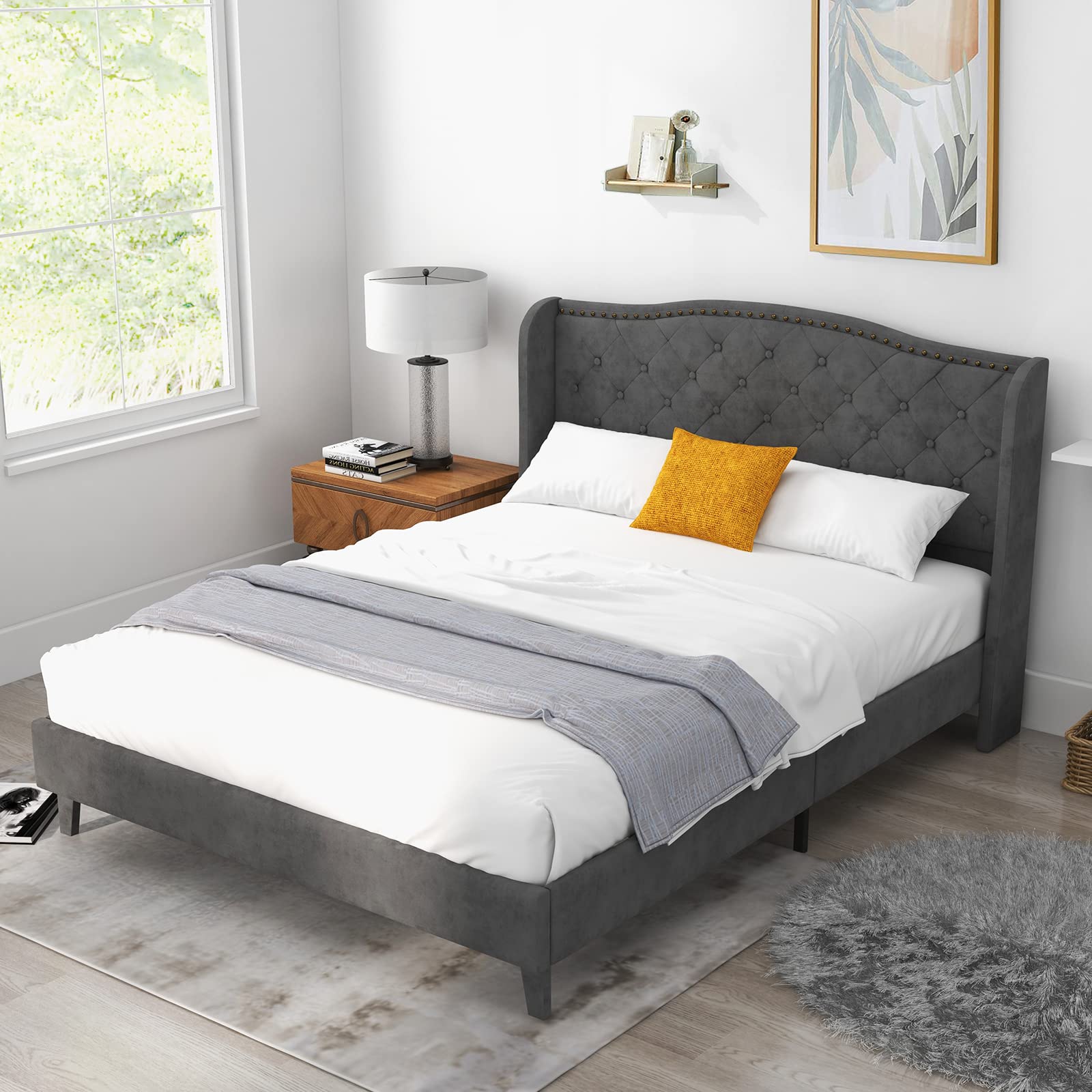 Full/Queen Size Velvet Upholstered Platform Bed Frame with Button Tufted Headboard