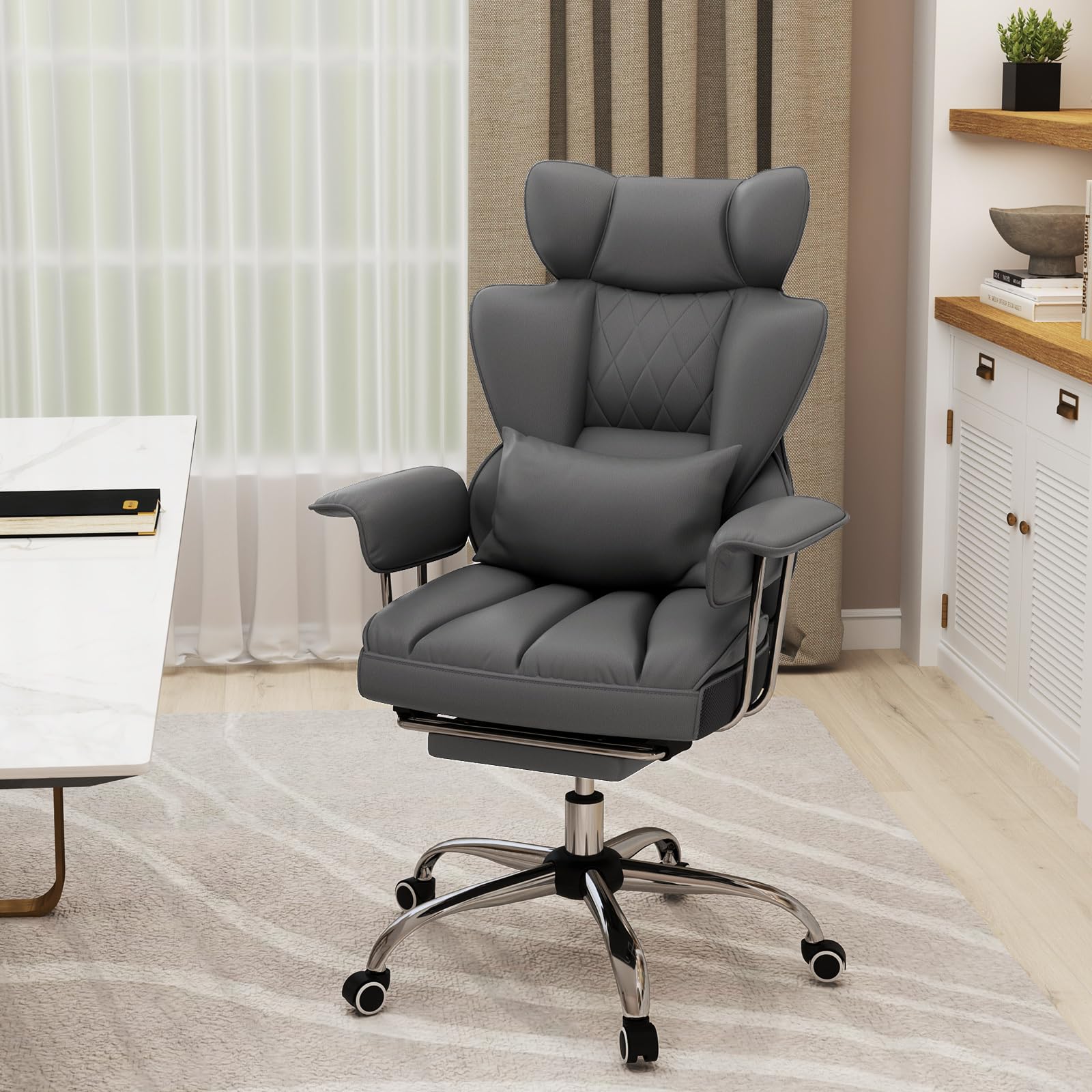 400 LBS Big and Tall Office Chair, PU Leather Executive Desk Chair w/Retractable Footrest