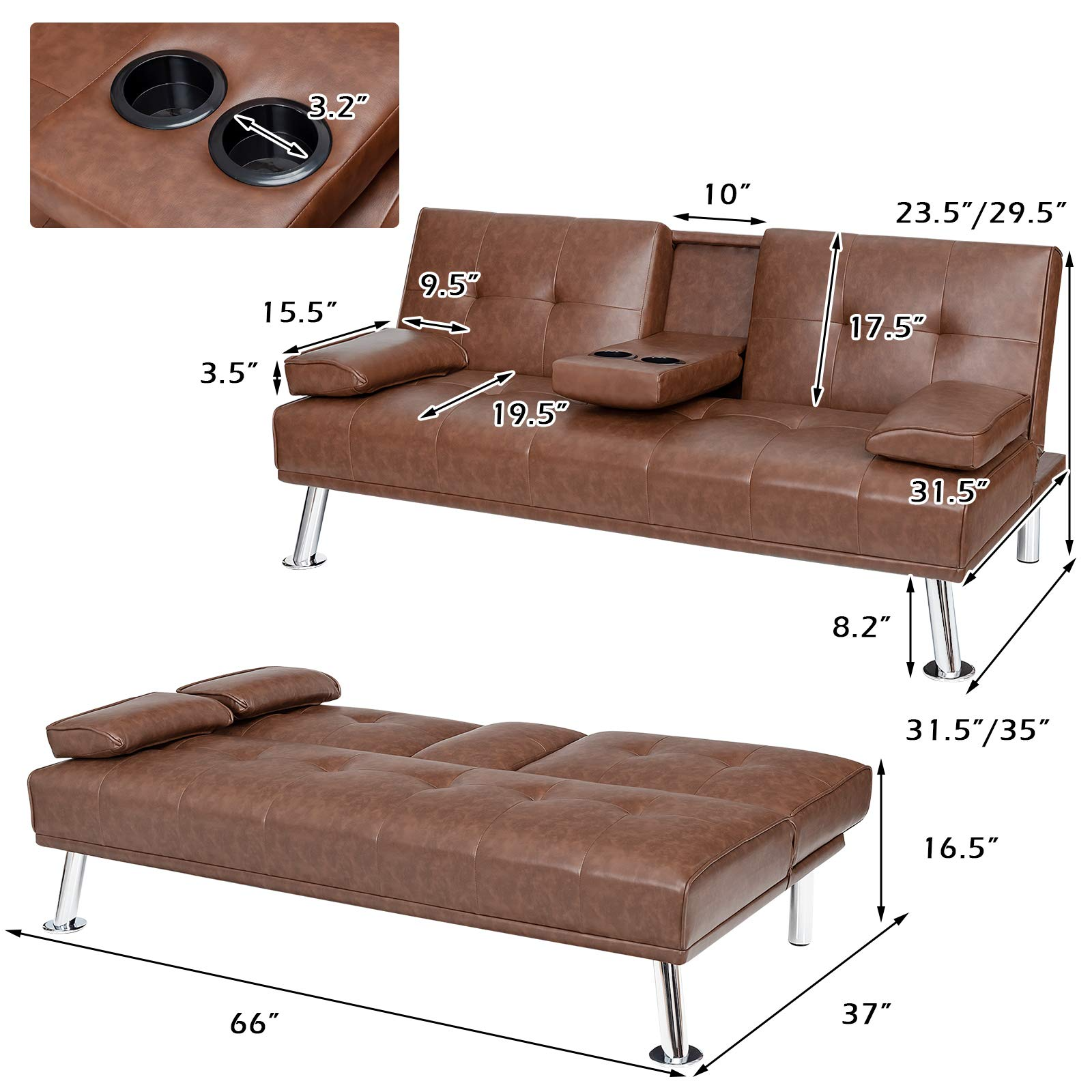 Leather Convertible Futon Sofa Bed with Removable Armrests and 2 Cup Holders