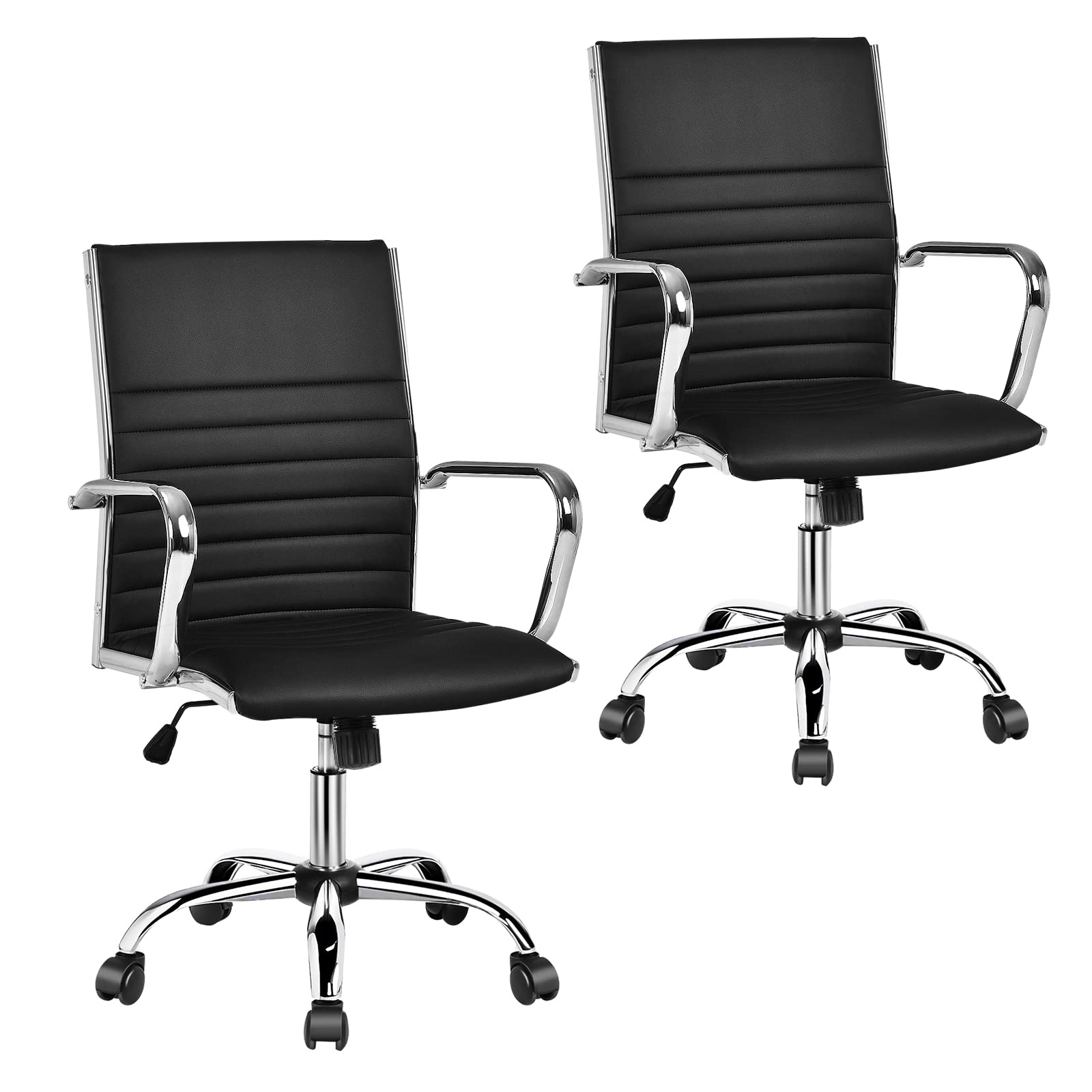 Ribbed Office Chair, Ergonomic Modern Leather Desk Chair with Adjustable Height & Arms, Swivel Mid Back Executive Conference Room Chairs