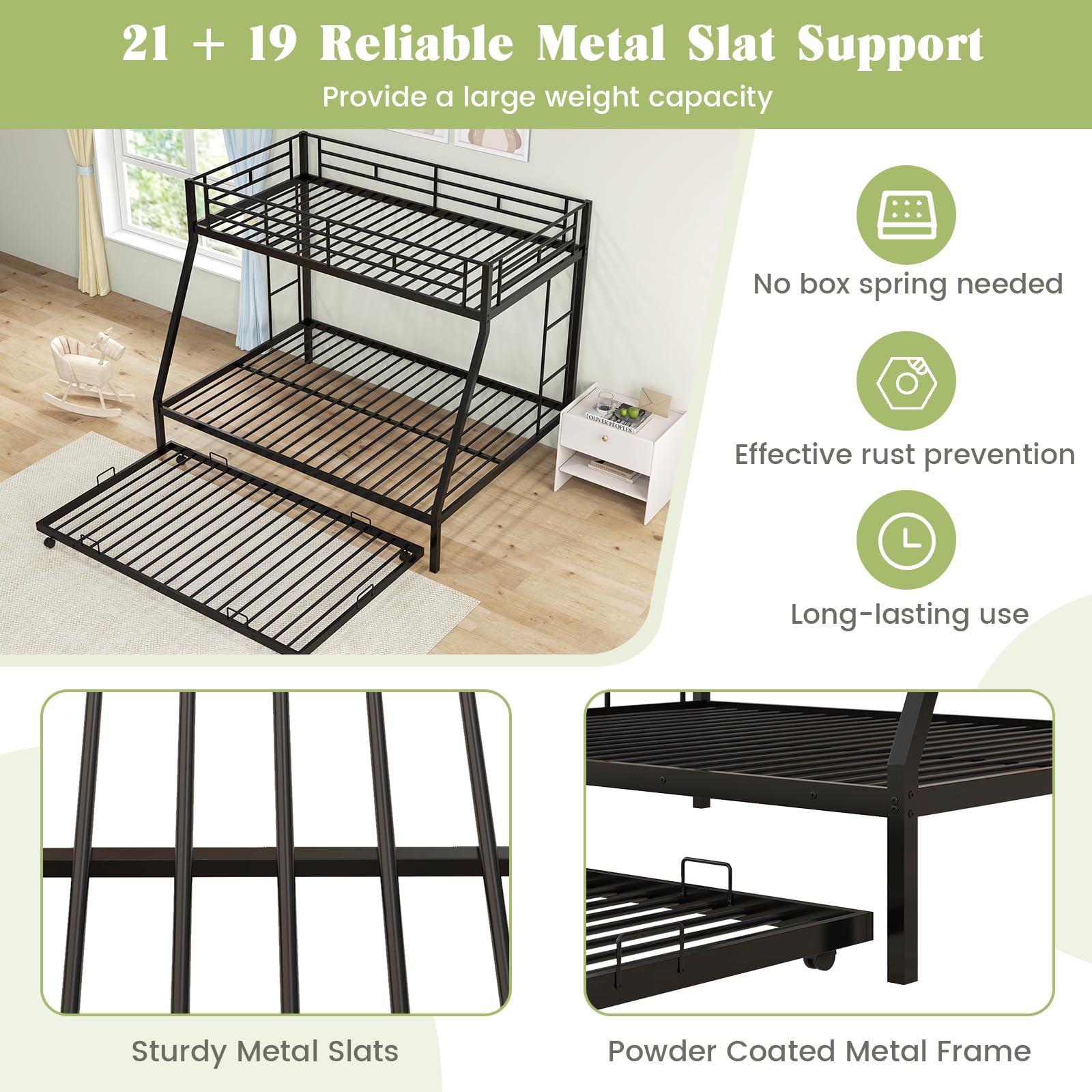 Twin Over Full Heavy-Duty Metal Bunk Bed with Trundle, Guardrail & 2 Ladders