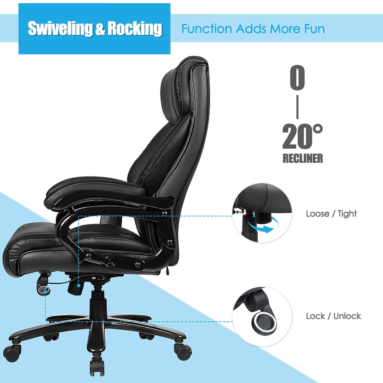 Big and Tall 500lbs Massage Office Chair, Heavy Duty Executive Office Chair with 6 Massage Points