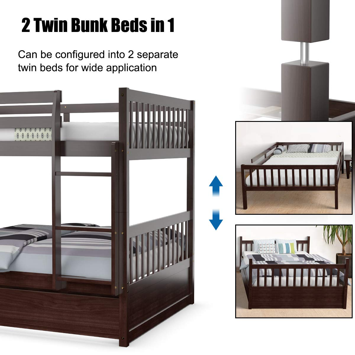 Full Over Full Wood Bunk Bed with Trundle, Ladder, Solid Wood Frame & Safety Guardrails