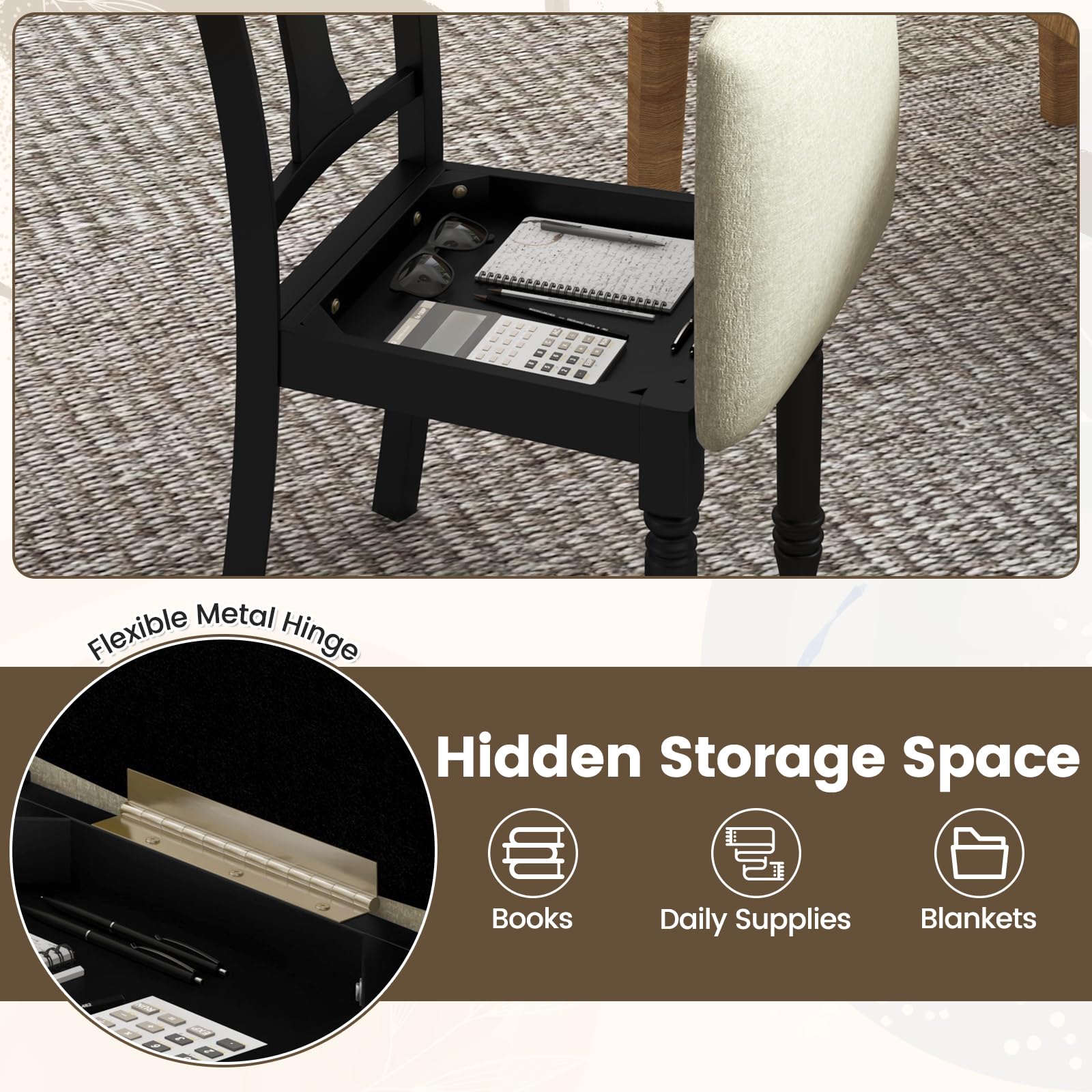 Wood Dining Chairs Set of 2/4 with Flip-up Storage Seat