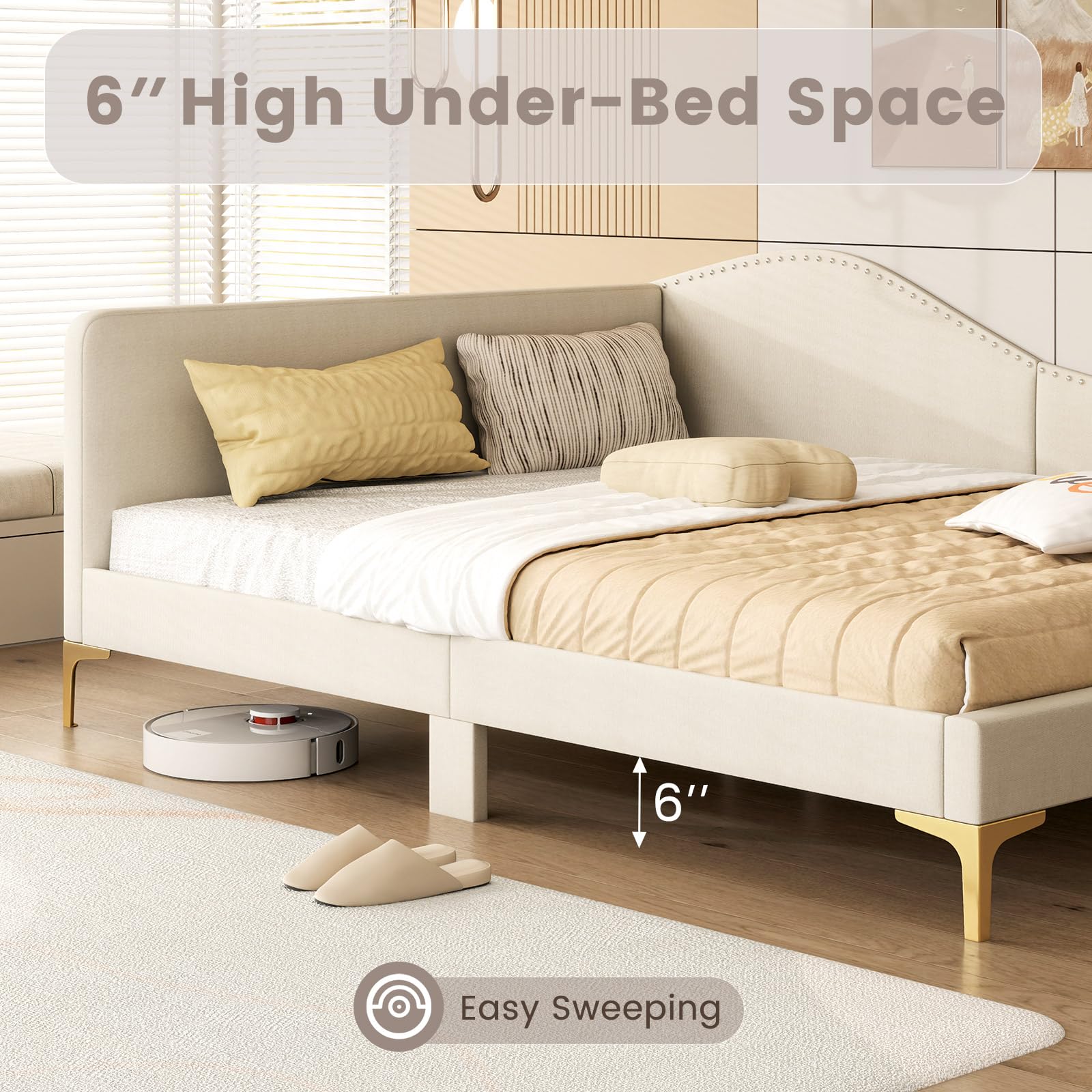 Rivet-Tufted Platform Bed Frame with Headboard, Metal Legs & Wood Slats, L-Shaped Corner Sofa Bed