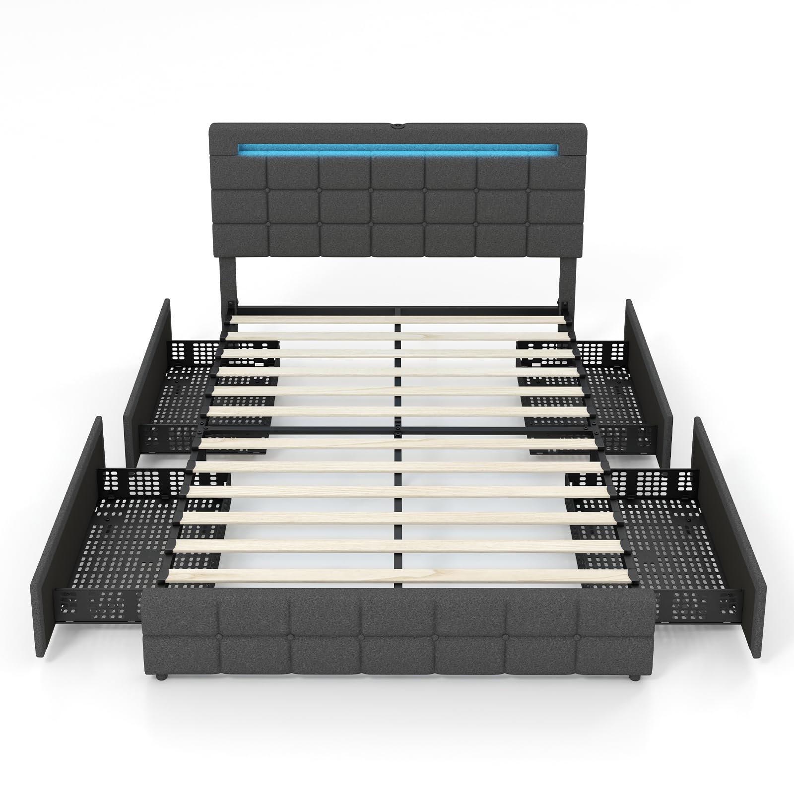 Upholstered Bed Frame with LED Lights and 4 Drawers, Height Adjustable Headboard with USB Ports
