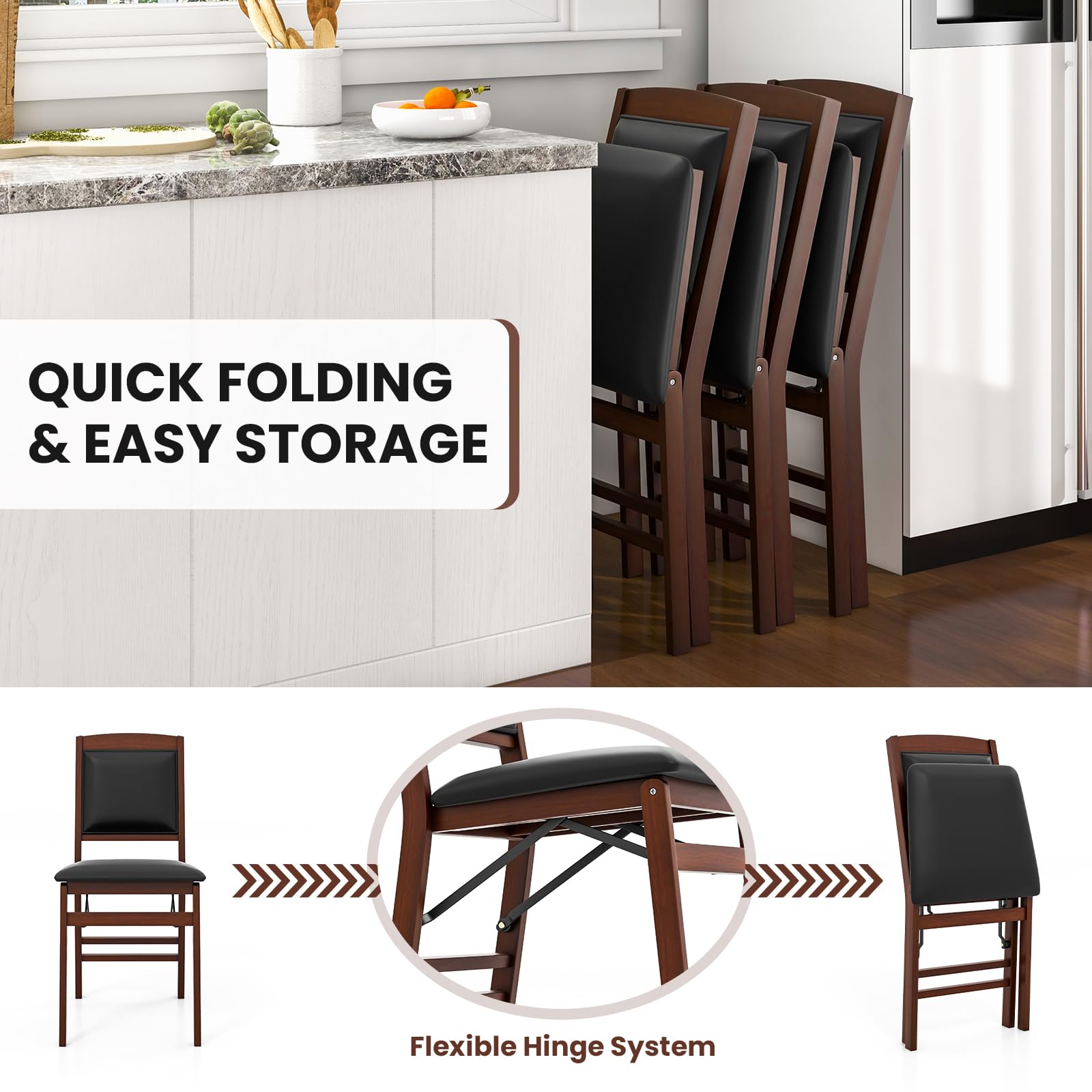 Folding Dining Chairs Set of 2/4, Foldable Wood Chairs with PVC Padded Seat & High Backrest