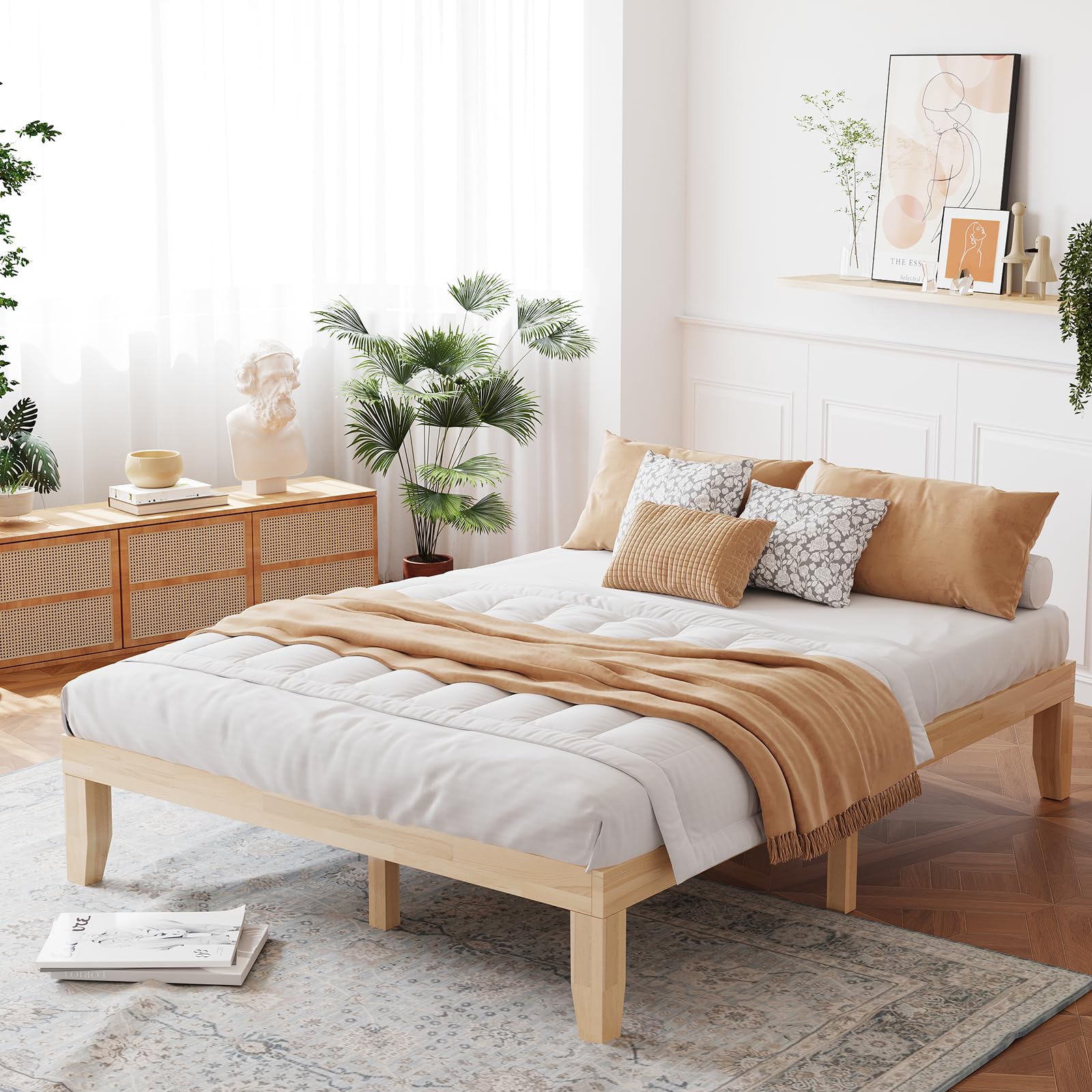 14 Inches Wood Platform Bed Frame, Solid Wood Mattress Foundation with Rubber Wood Frame