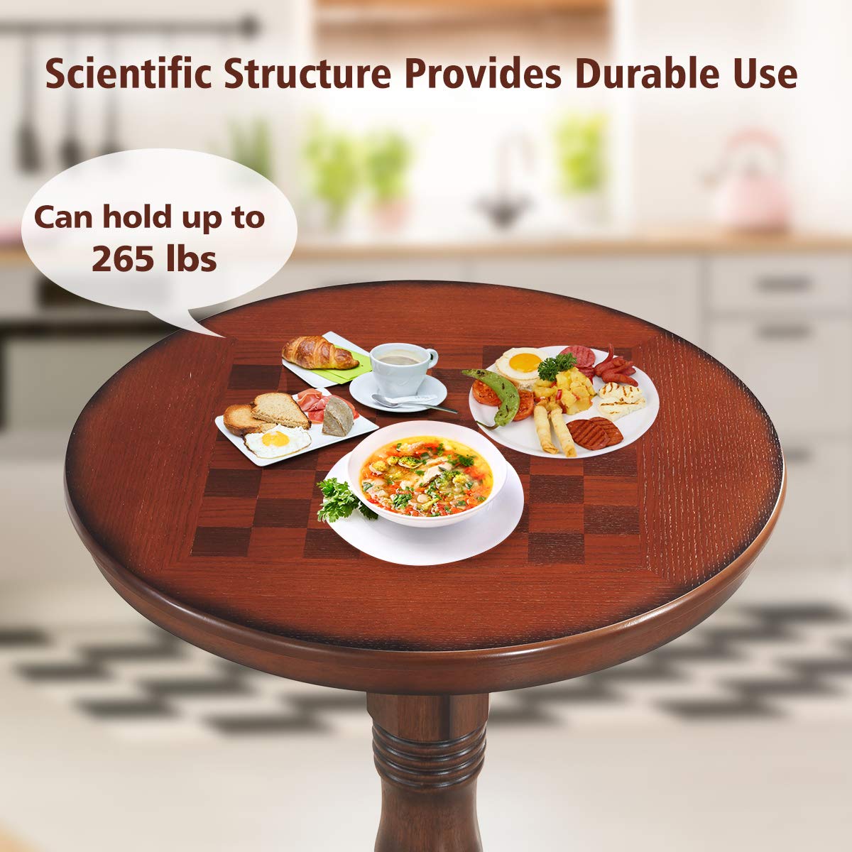 Round Dining Table, Wooden Pub Pedestal Side Table W/Chessboard, Adjustable Foot Pads