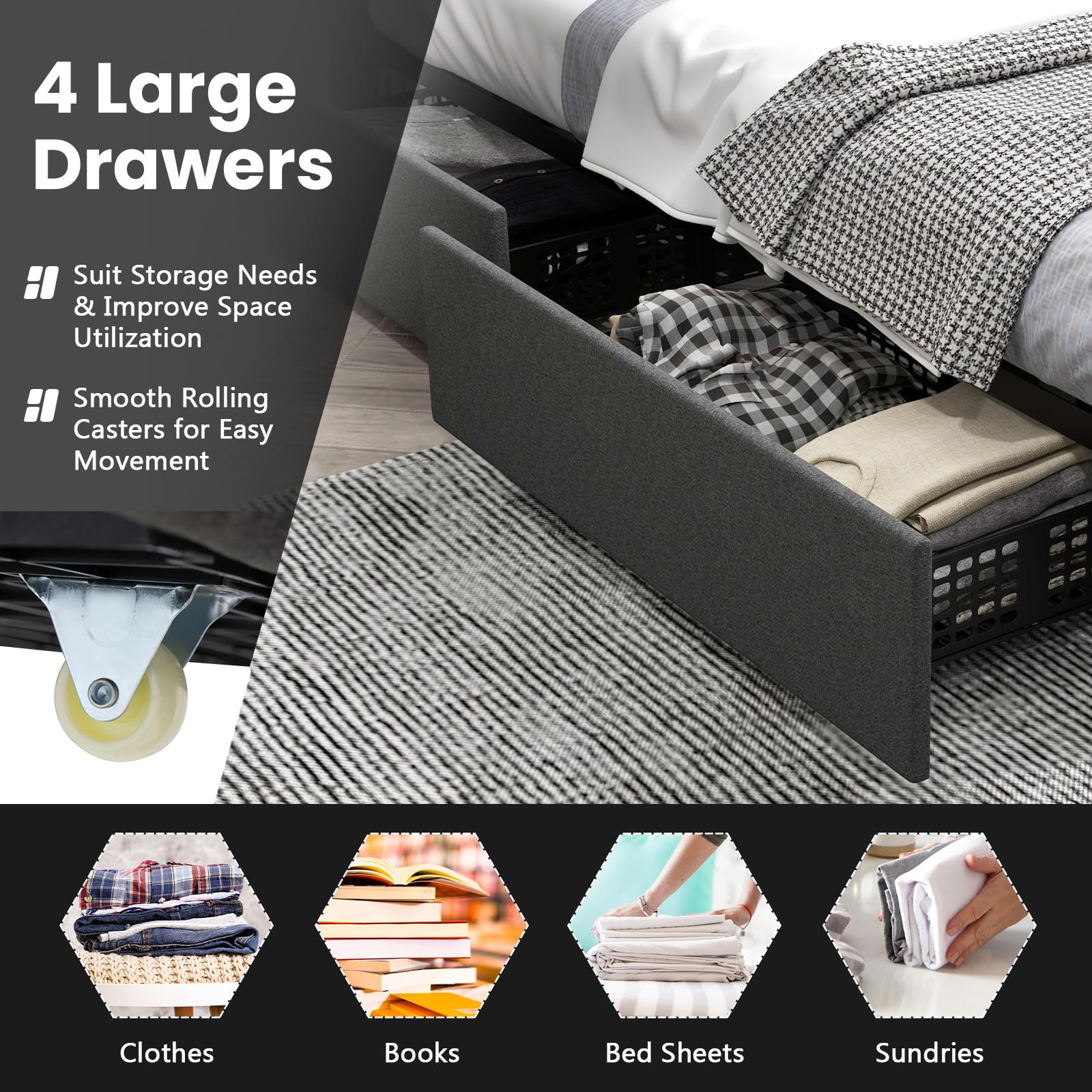 Upholstered Bed Frame with LED Lights and 4 Drawers, Height Adjustable Headboard with USB Ports