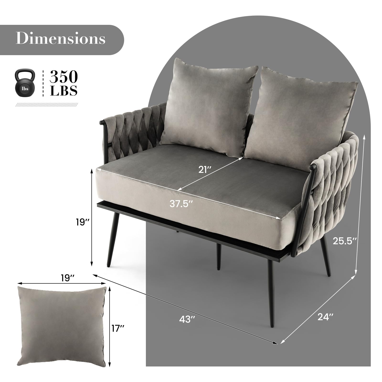 43&rdquo; Loveseat Sofa, Modern Upholstered 2-Seat Sofa with 2 Back Pillows, Woven Backrest & Armrest