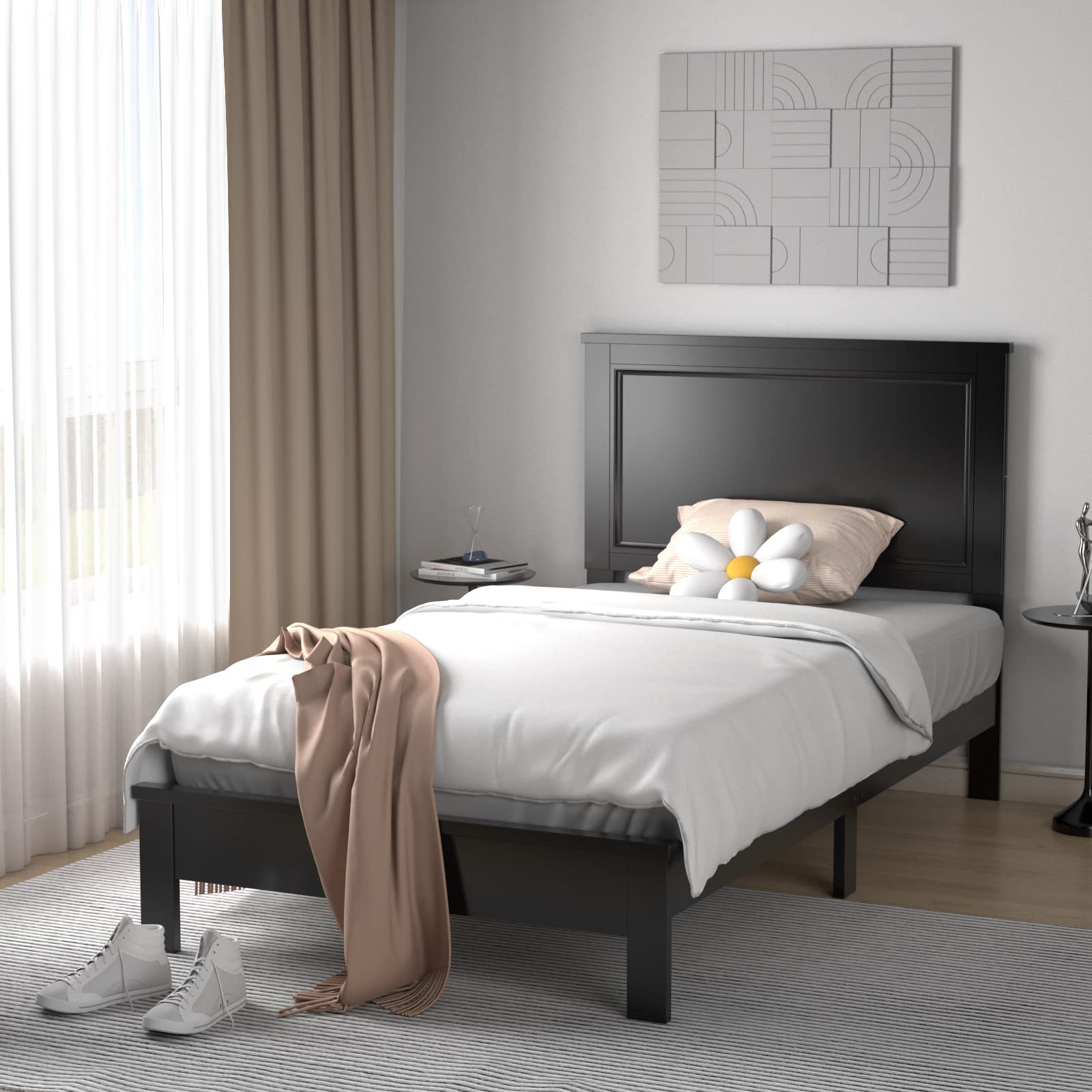 Wood Platform Bed Frame with Headboard, Mid Century Platform Bed Frame with Solid Wood Legs & Wooden Slat Support