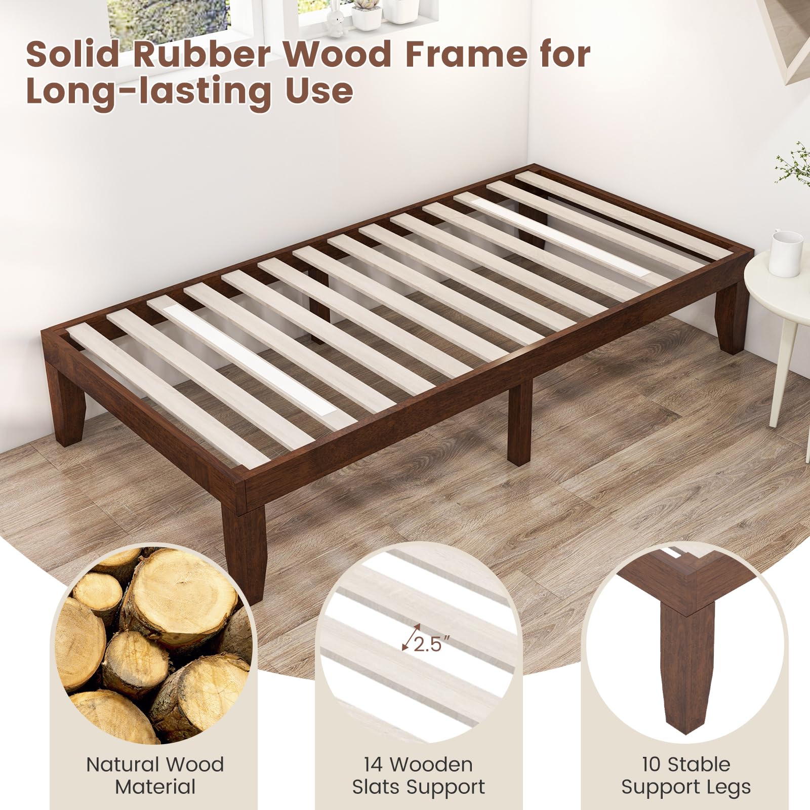 14 Inches Wood Platform Bed Frame, Solid Wood Mattress Foundation with Rubber Wood Frame