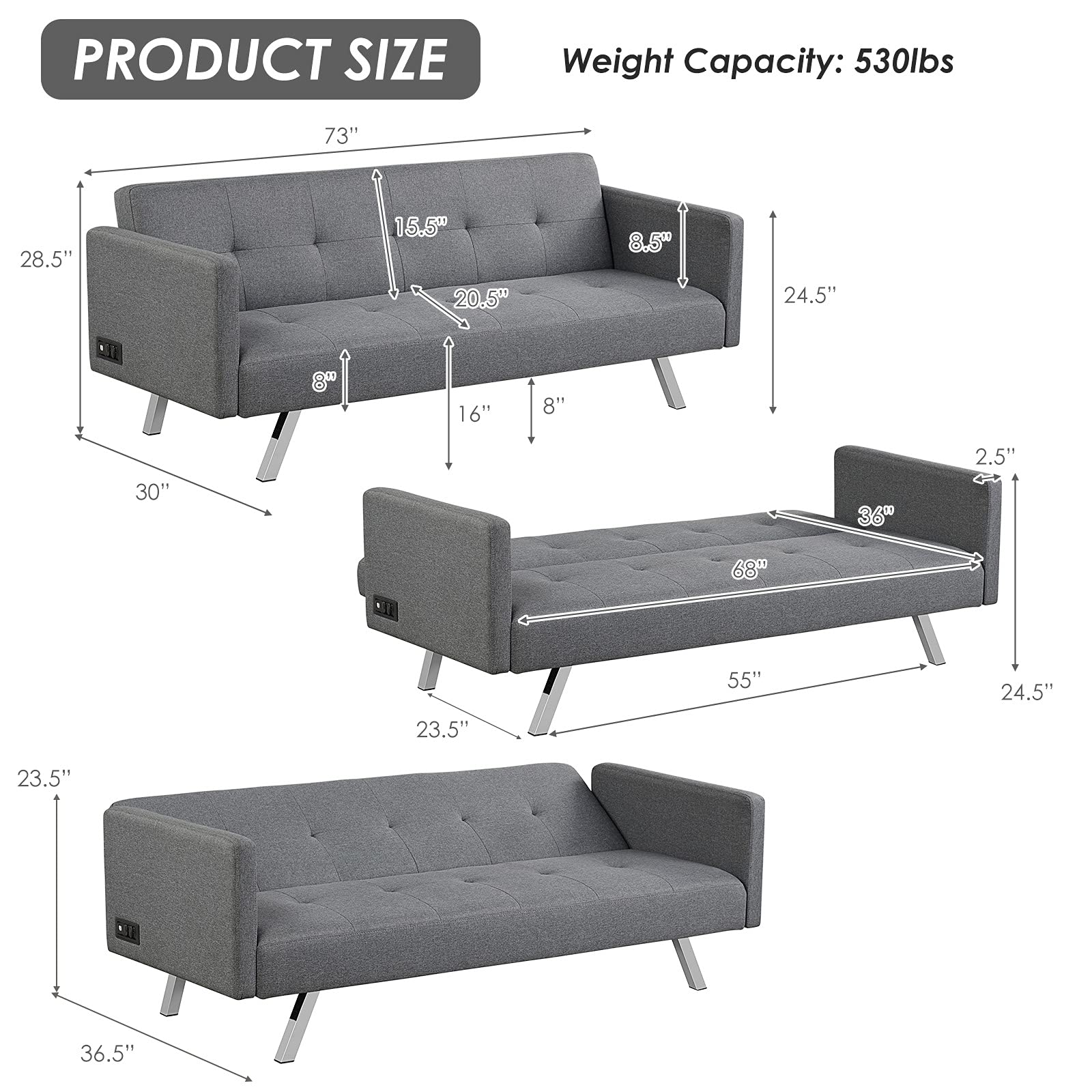 Modern 3 Seat Convertible Futon Sofa Bed with USB and Power Strip