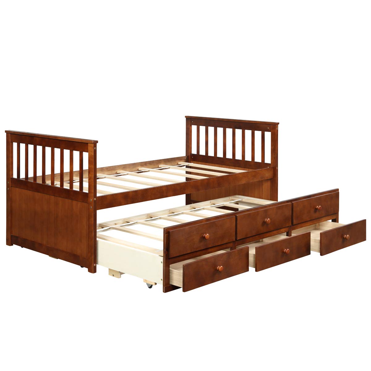 Twin Captain&rsquo;s Bed with Trundle Bed, Wood Storage Daybed with 3 Storage Drawers