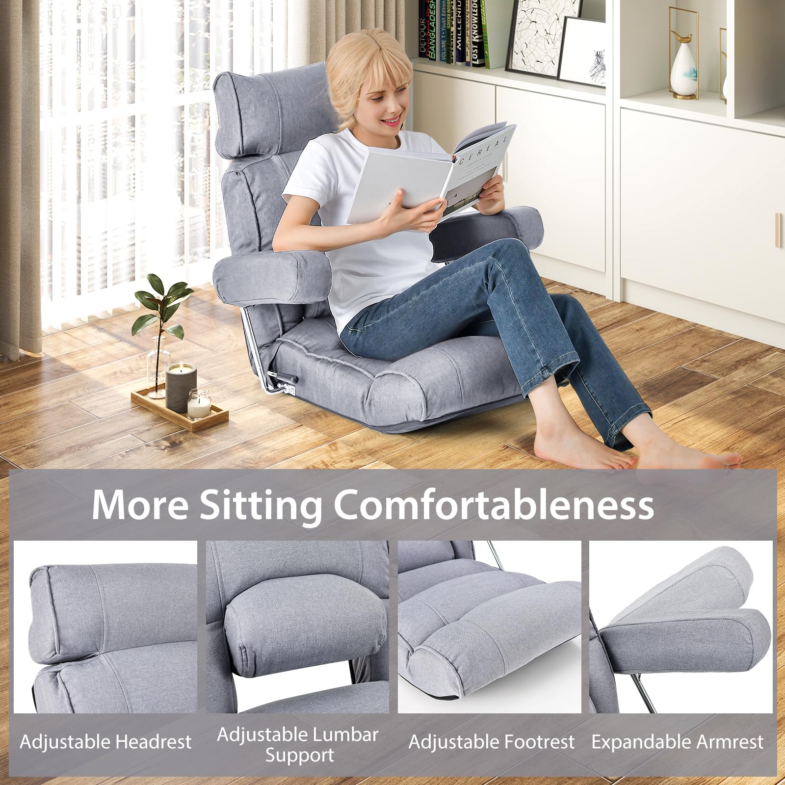 Adjustable Folding Floor Sofa Chair, Upholstered Indoor Chaise Lounge with 6-position