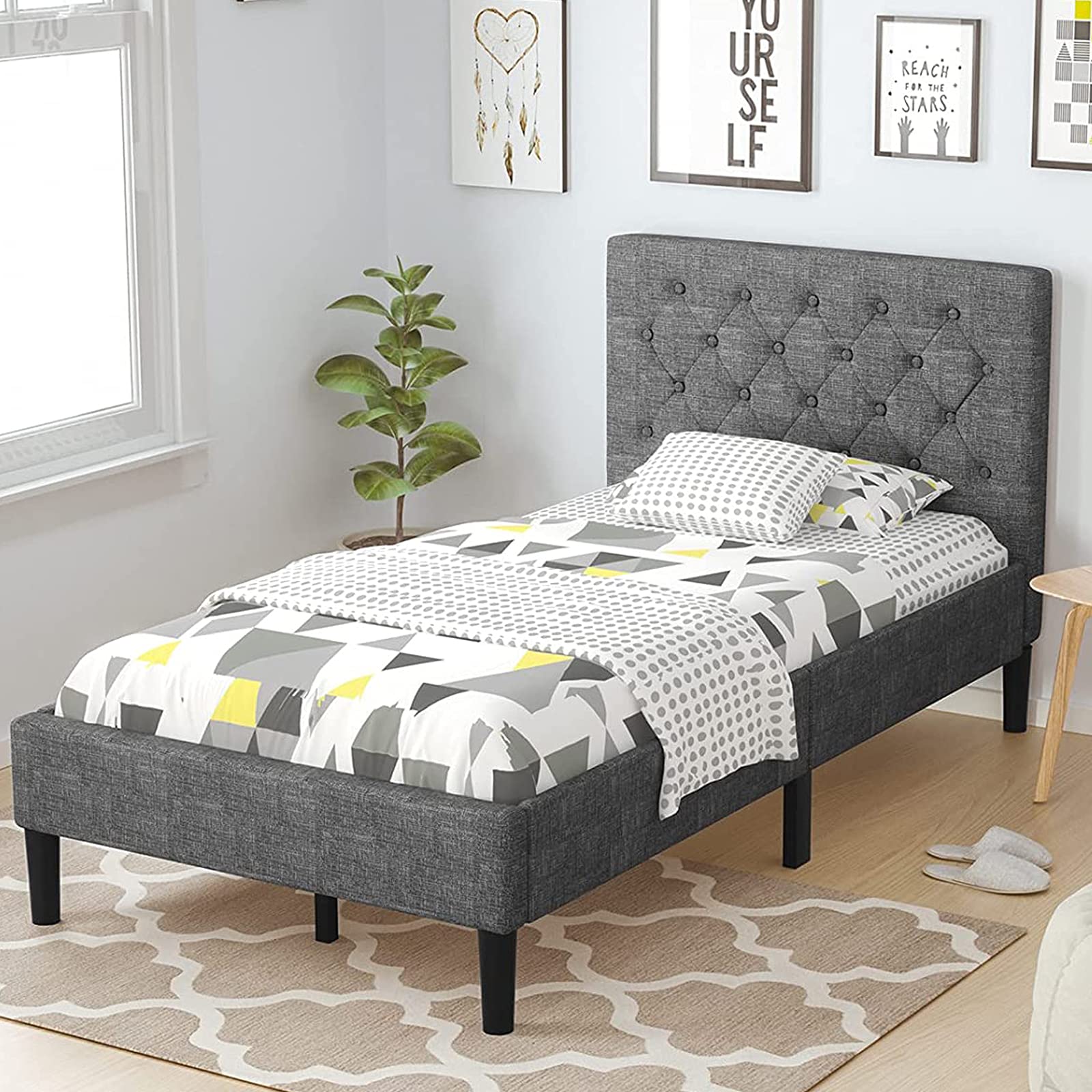 Twin Size Upholstered Bed Frame with Button Tufted Headboard