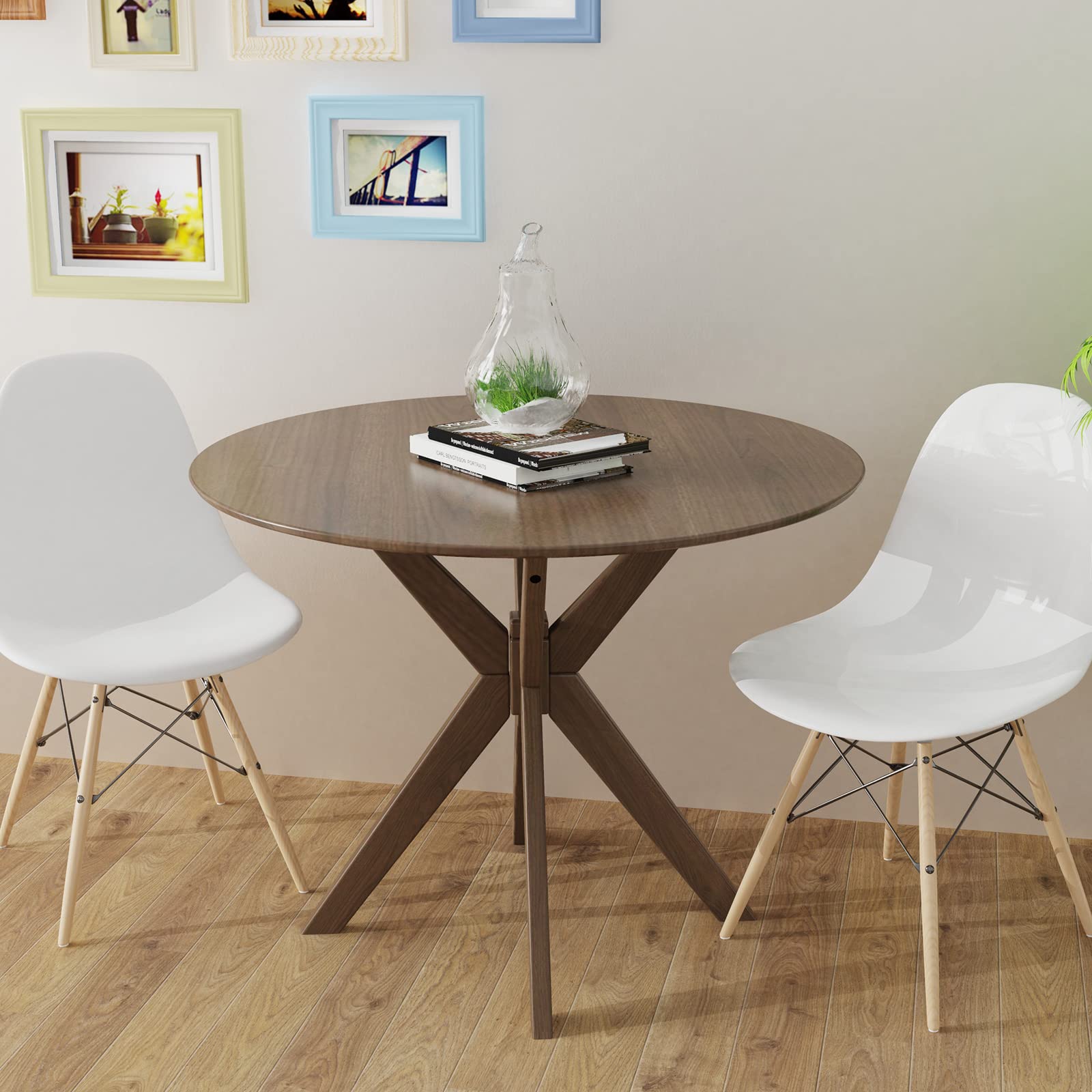 36" Round Dining Table, Solid Wood Kitchen Table with Intersecting Pedestal Base and Adjustable Foot Pads