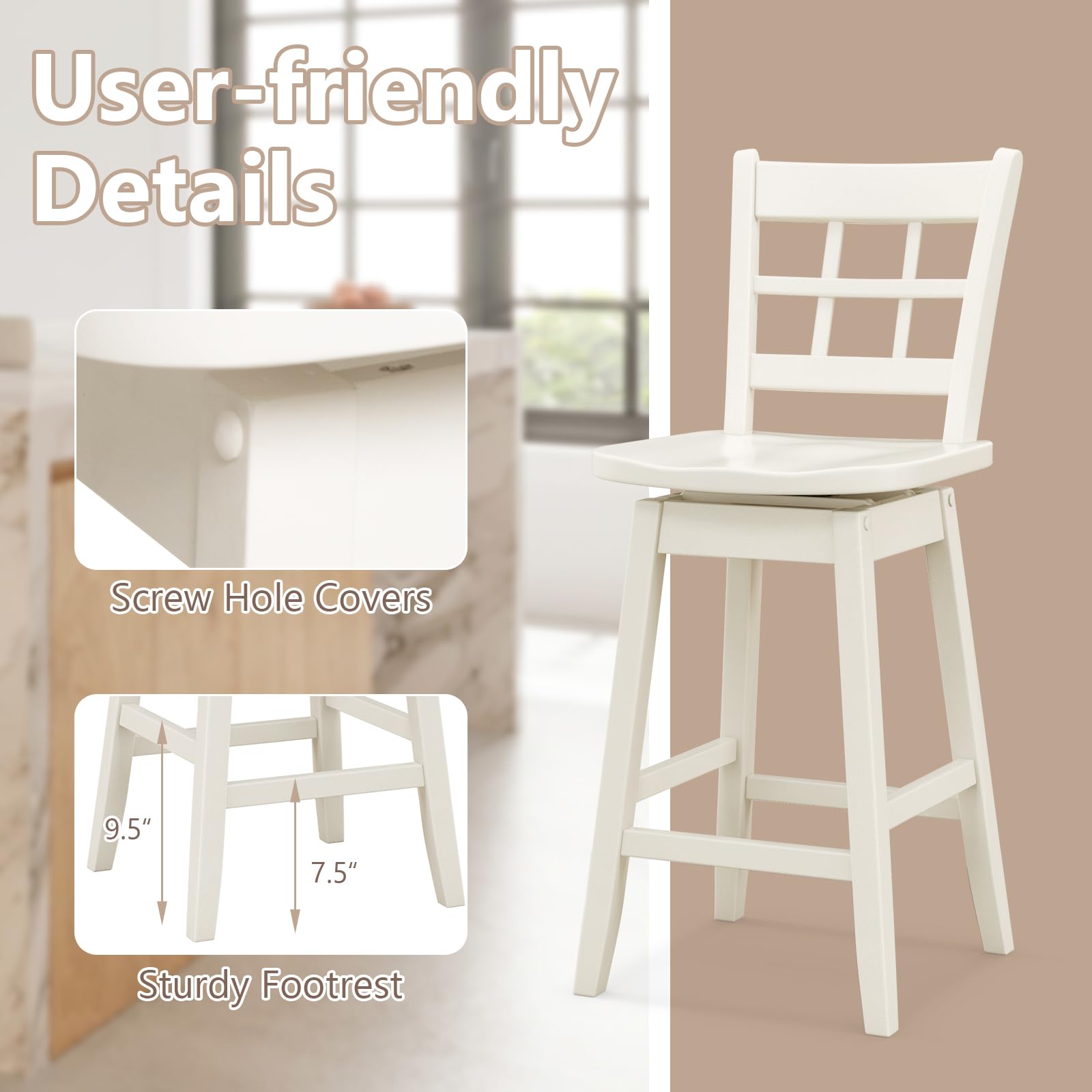 24.5" Bar Stools Set of 2/4, Farmhouse Swivel Barstools with 6-Grid Hollow Back & Ergonomic Contoured Seat, Footrest