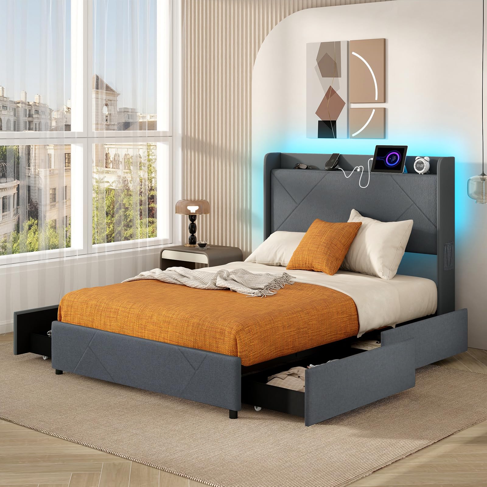 Upholstered Bed Frame with 4 Storage Drawers & LED Lights, Wingback Headboard & Charging Station