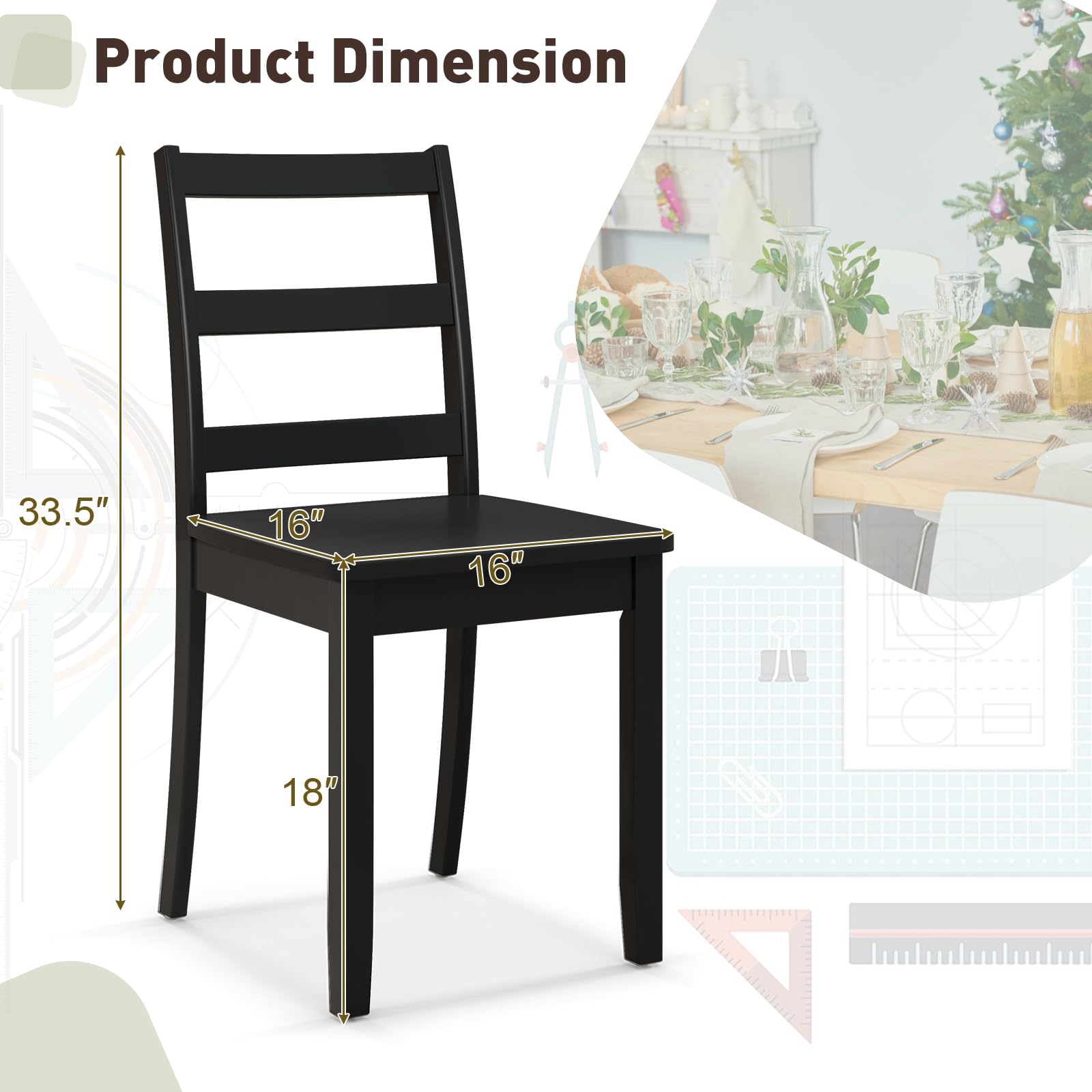 Wood Dining Chairs Set of 2/4 with Solid Rubber Wood Legs, Non-Slip Foot Pads