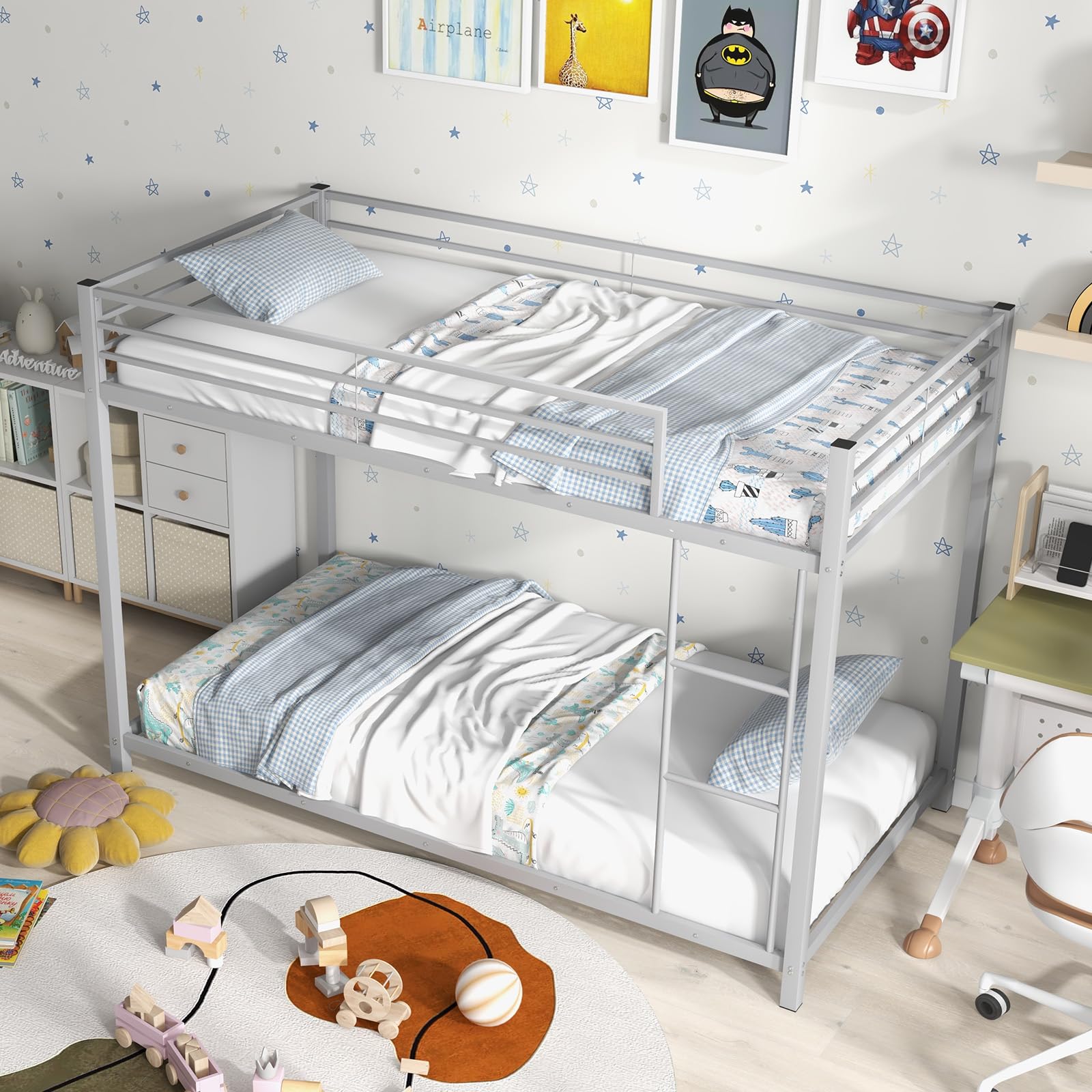 Twin Over Twin Metal Low Profile Bunk Bed with Safety Guard Rails & Side Ladder