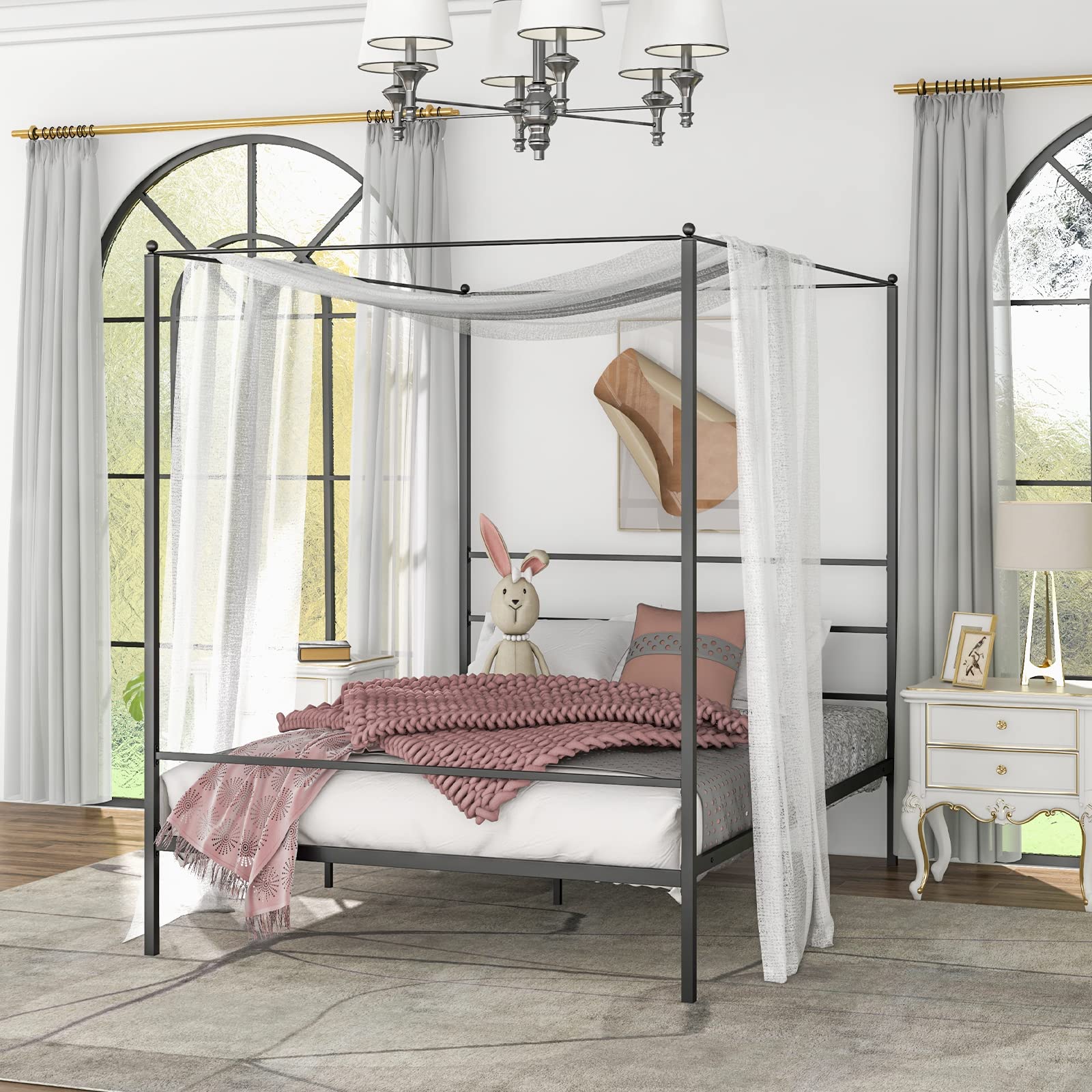 Metal Canopy Bunk Bed, Modern 4 Poster Canopied Platform Bed with Headboard
