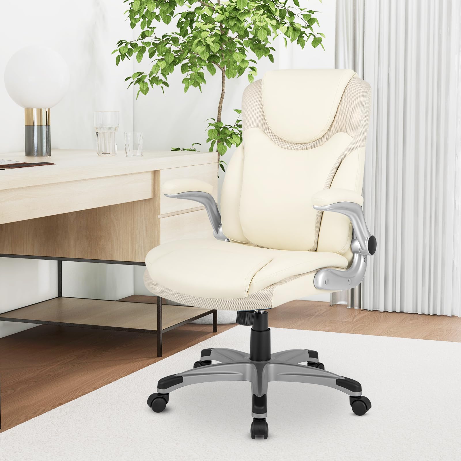 Executive Office Chair, PU Leather Ergonomic Desk Chair with Flip-up Armrests and Height Adjustable