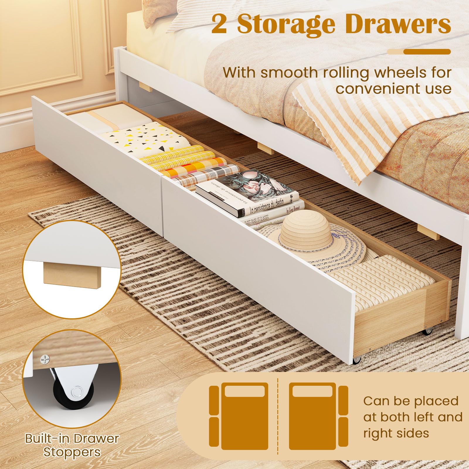 Bed Frame with 2 Storage Drawers, Solid Wood Platform Bed with Slats Support
