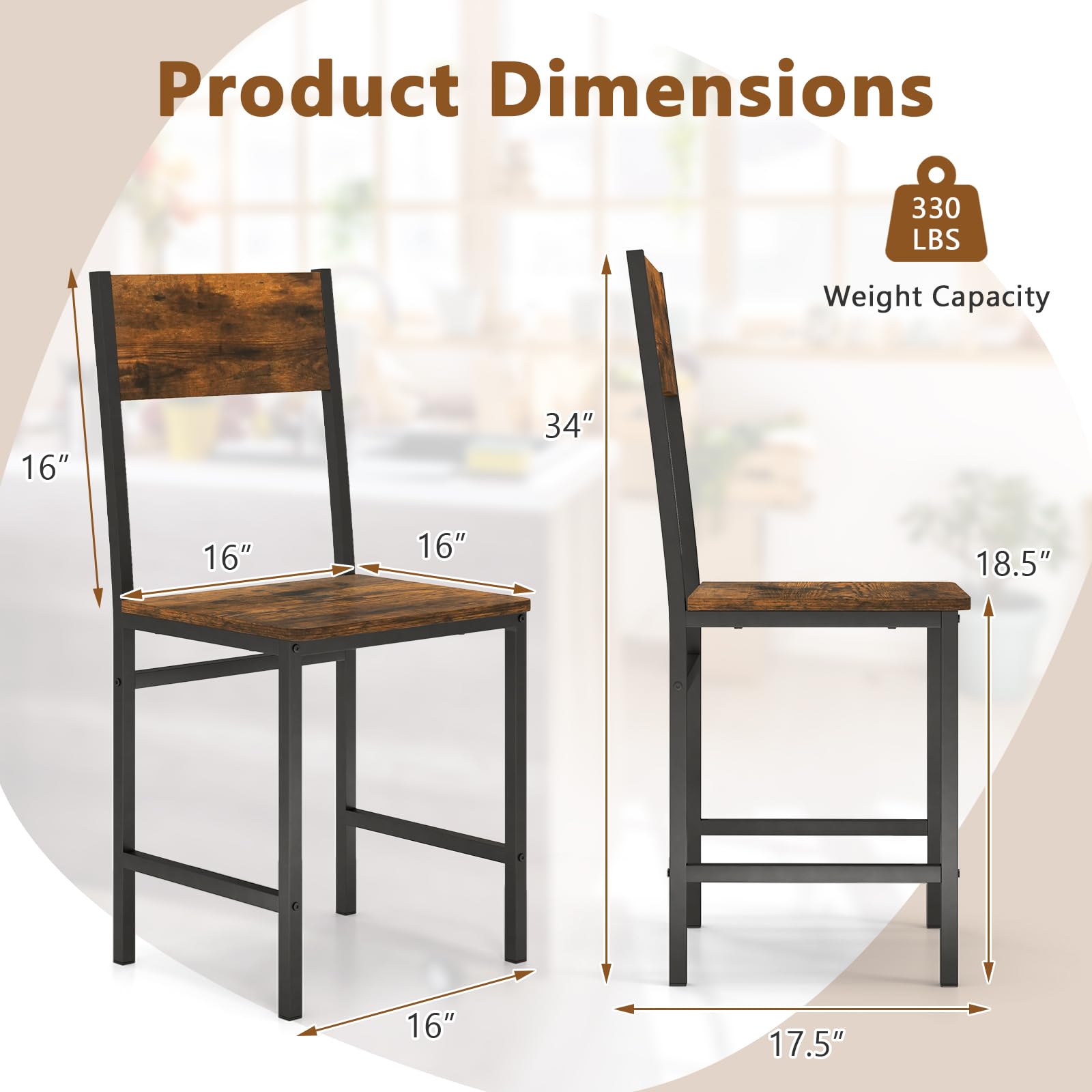 Dining Chairs Set of 2/4 with Metal Legs, Slanted Back, Rustic Wood Grain