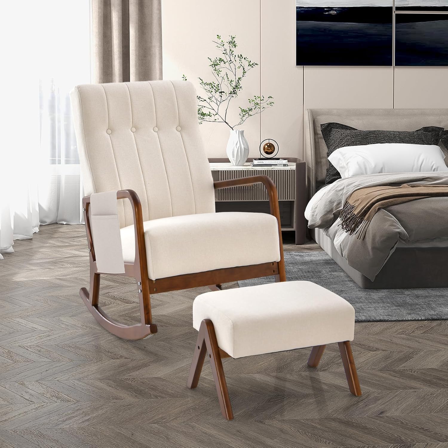 Nursery Rocking Chair with Ottoman, Upholstered Rocker Chair with Side Pocket