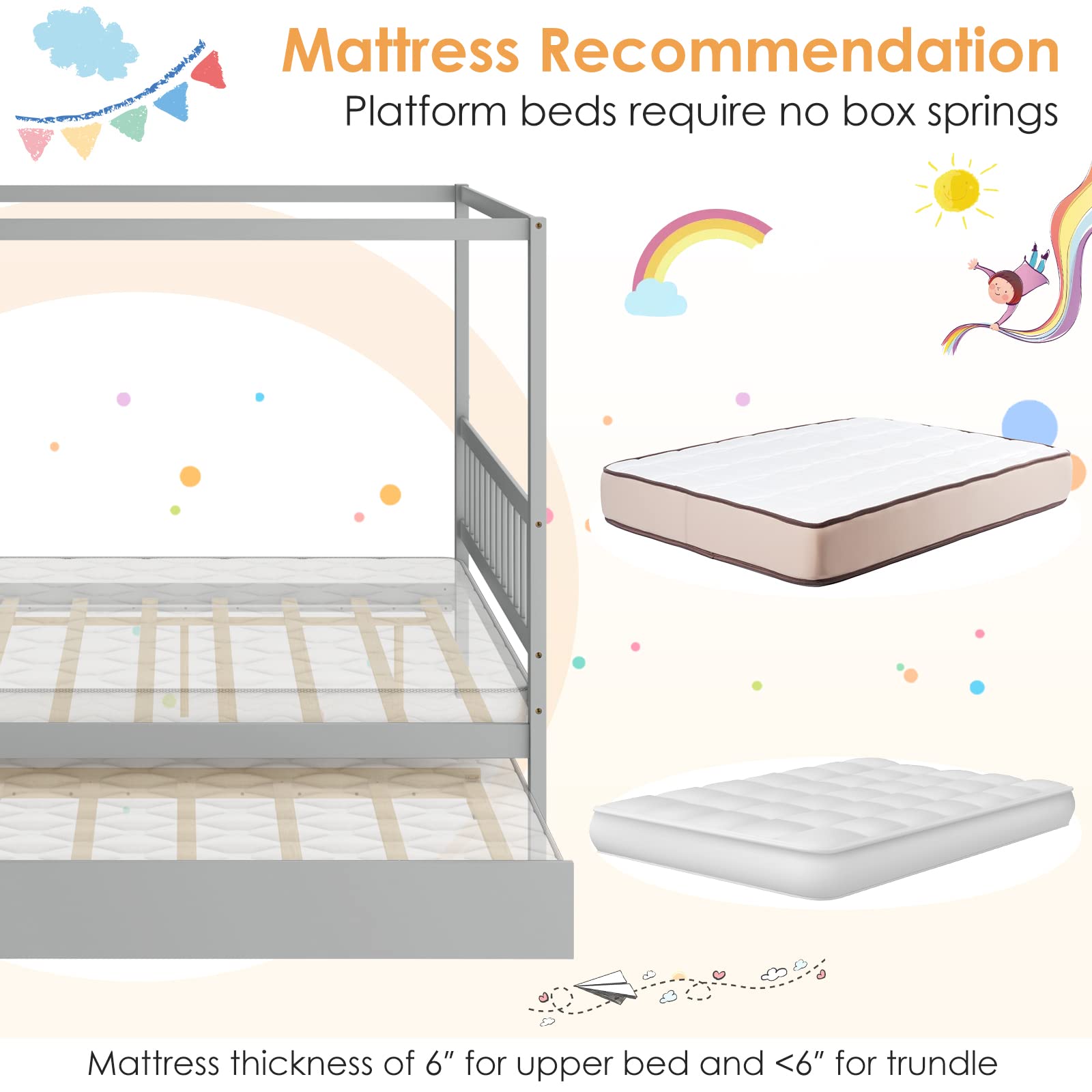 Wood Canopy Bunk Bed with Trundle, Full Size Solid Wood Platform Bed with Headboard