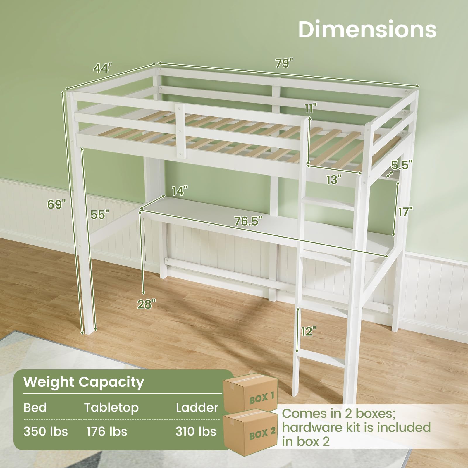 Twin Size Loft Bed with Desk, Bookshelf, Full Length Safety Guardrail & Ladder
