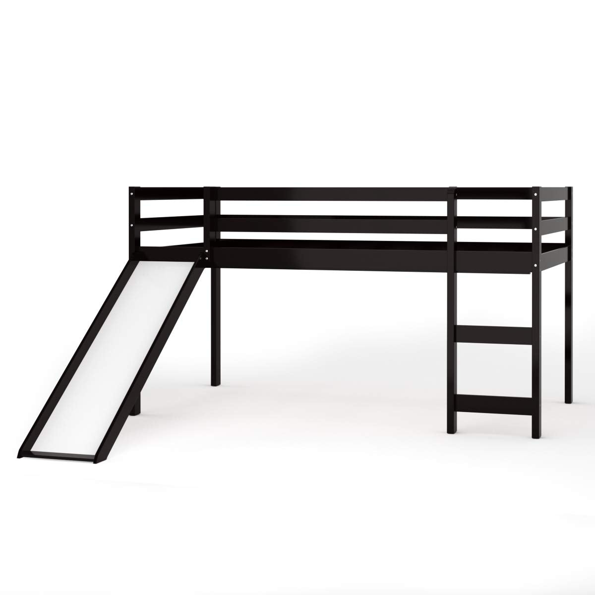 Twin Size Wood Low Loft Bed with Slide, Ladder & Guard Rail