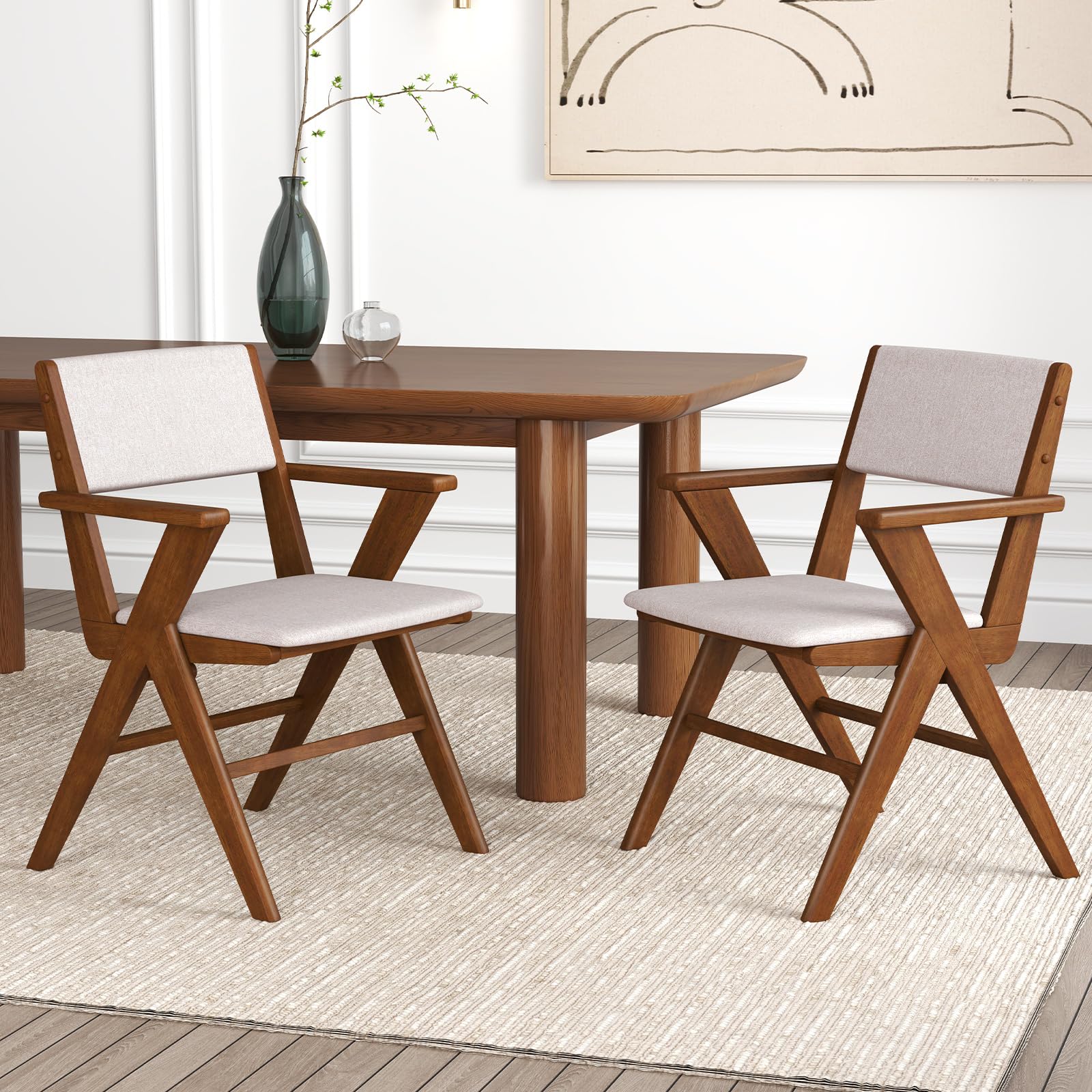 Wooden Dining Chairs Set of 2/4 w/Armrests, Rubber Wood Frame, Padded Seat & Back